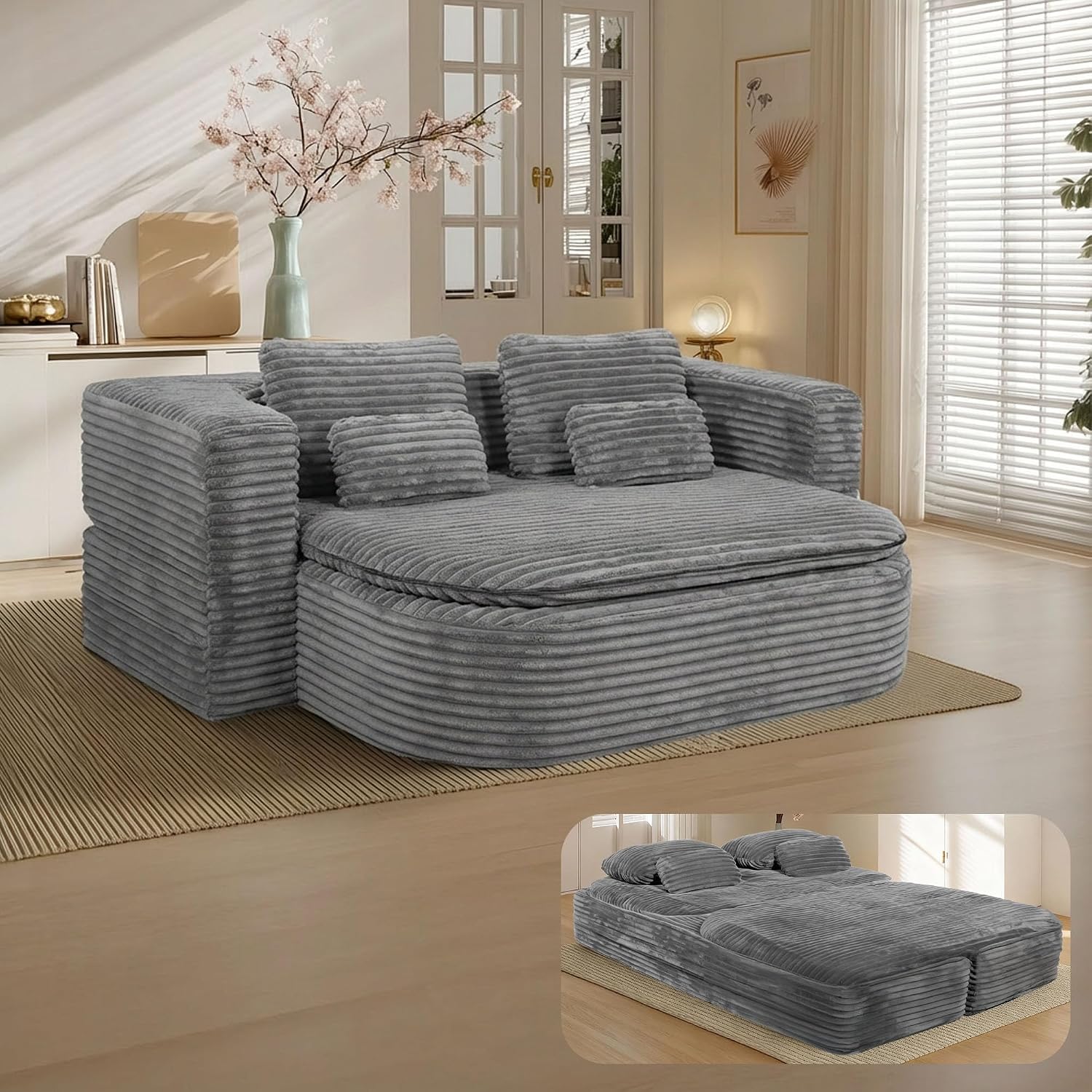 75 Foldable Sofa Bed Memory Foam Futon Full Size 4 Pillows Blanket New-Gray