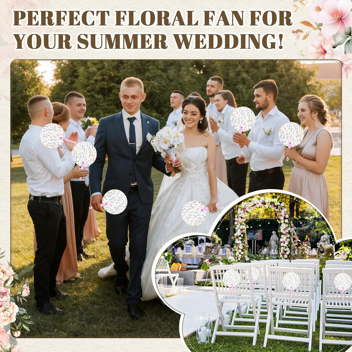 Thyle 20 Sets Floral Round Wedding Hand Plastic Fans Bulk Handheld Wedding Favors Hand Fans with Plastic Handles