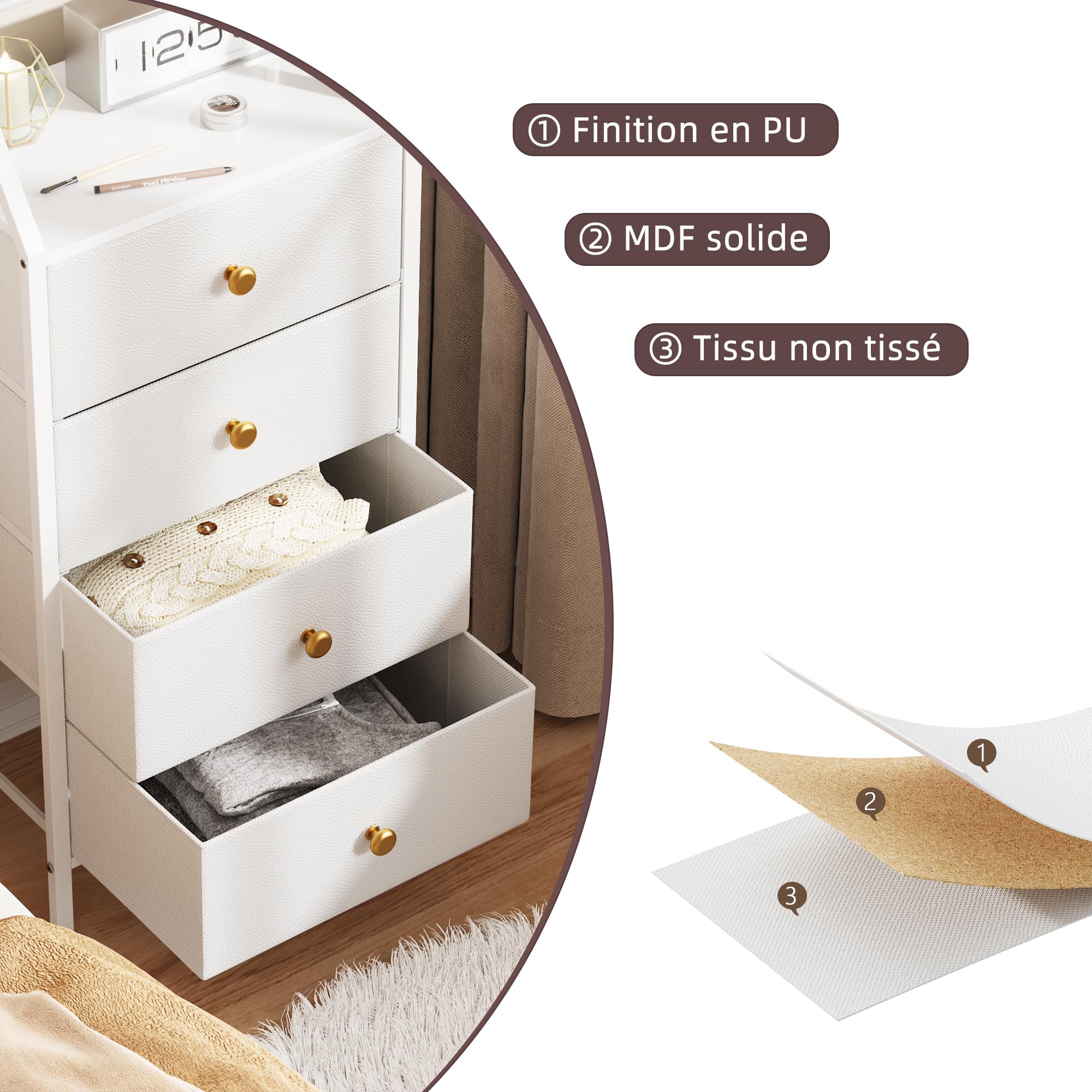 Commode Chambre 4 Tiroirs Tissu Commode Haut avec Miroir, Blanc | Meuble de Rangement Tissu, Miroir Réglable, 39 x 28 x 148 cm, Chiffonier pour Chambre/Entrée/Couloir/Salon