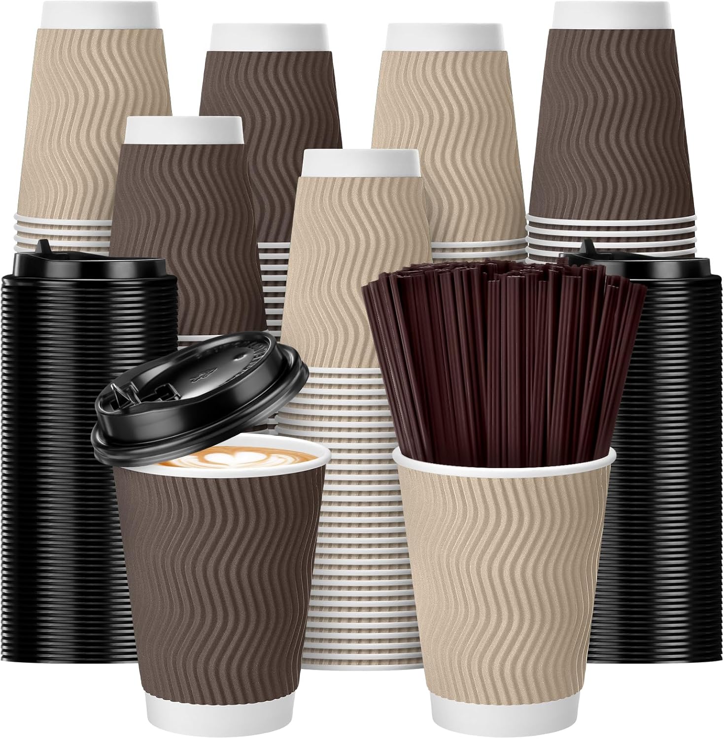 Pickmesh 150 Set 12 oz Disposable Coffee Cups with Lids and Straw To-go Hot Paper Coffee Cup Multicolor Insulated Corrugated Ripple Paper Cups for Home Restaurant Mardi Gras(Champagne, Brown)