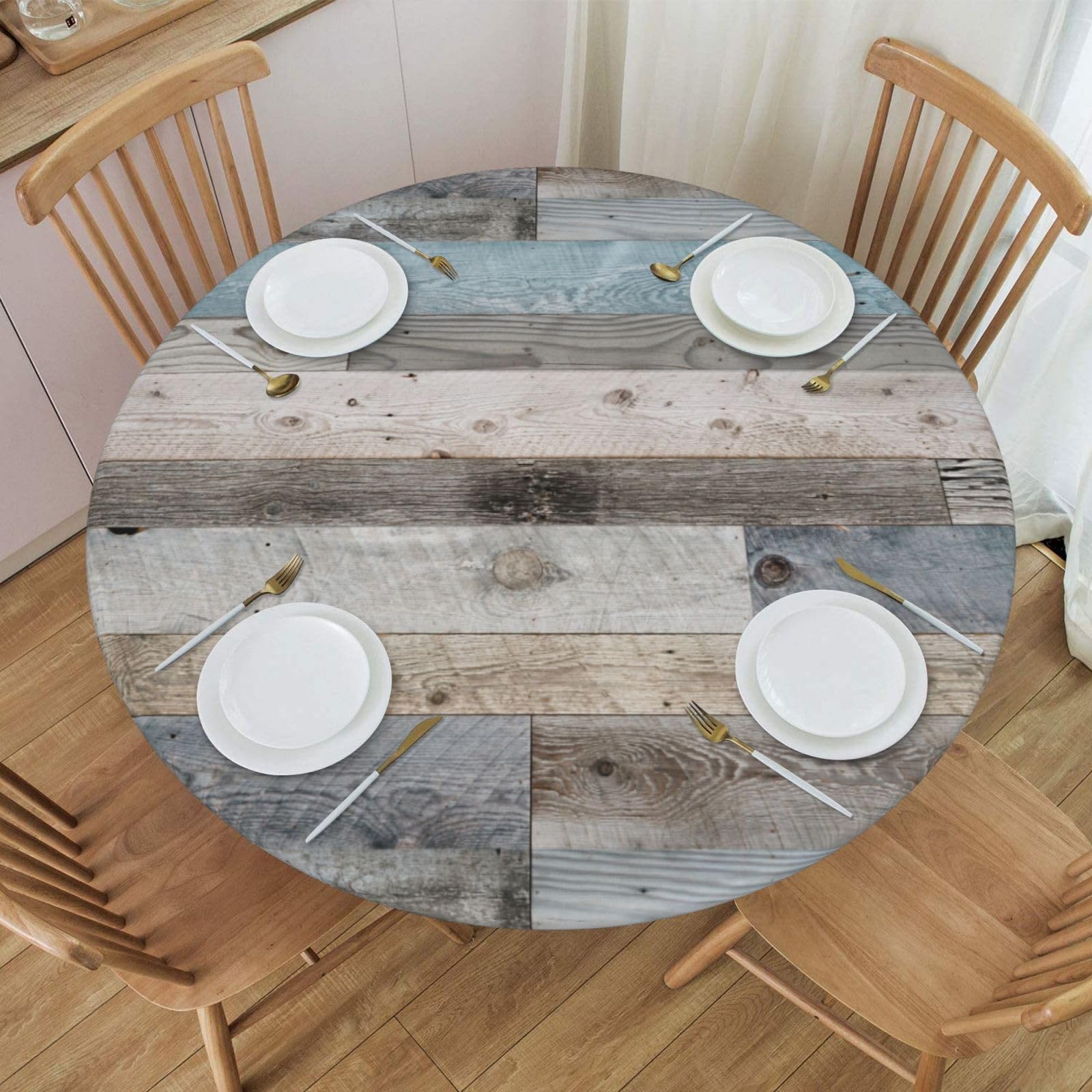 FATTTYCYRound Table Cloth Farmhouse Wood Tablecloth Elastic Edge Fitted Table Cover Fits Tables Up to 40"-44" Diameter