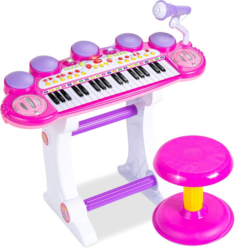 Teclado de juguete de aprendizaje de piano de instrumento musical electrónico para niños de 37 teclas con múltiples sonidos, luces, micrófono, taburete - Rosa