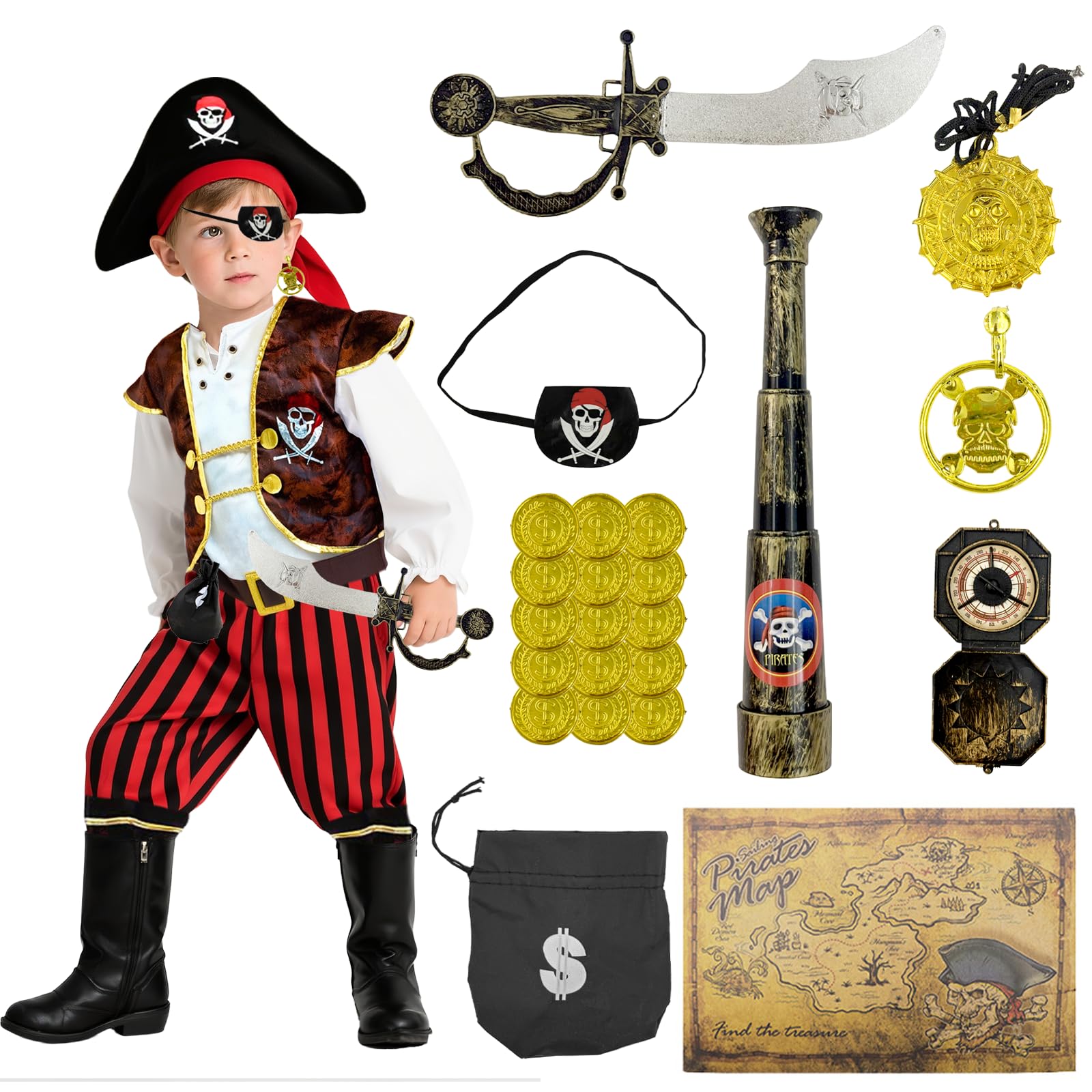 Xerteam 5-Tellges Set Piratenkostum Kinder, 22pcs Piraten-Zubehor, Pirate Deko Kindergeburtstag, Rollenspielkostume fur Kinder, Halloween Kostom fur Kinder3-6
