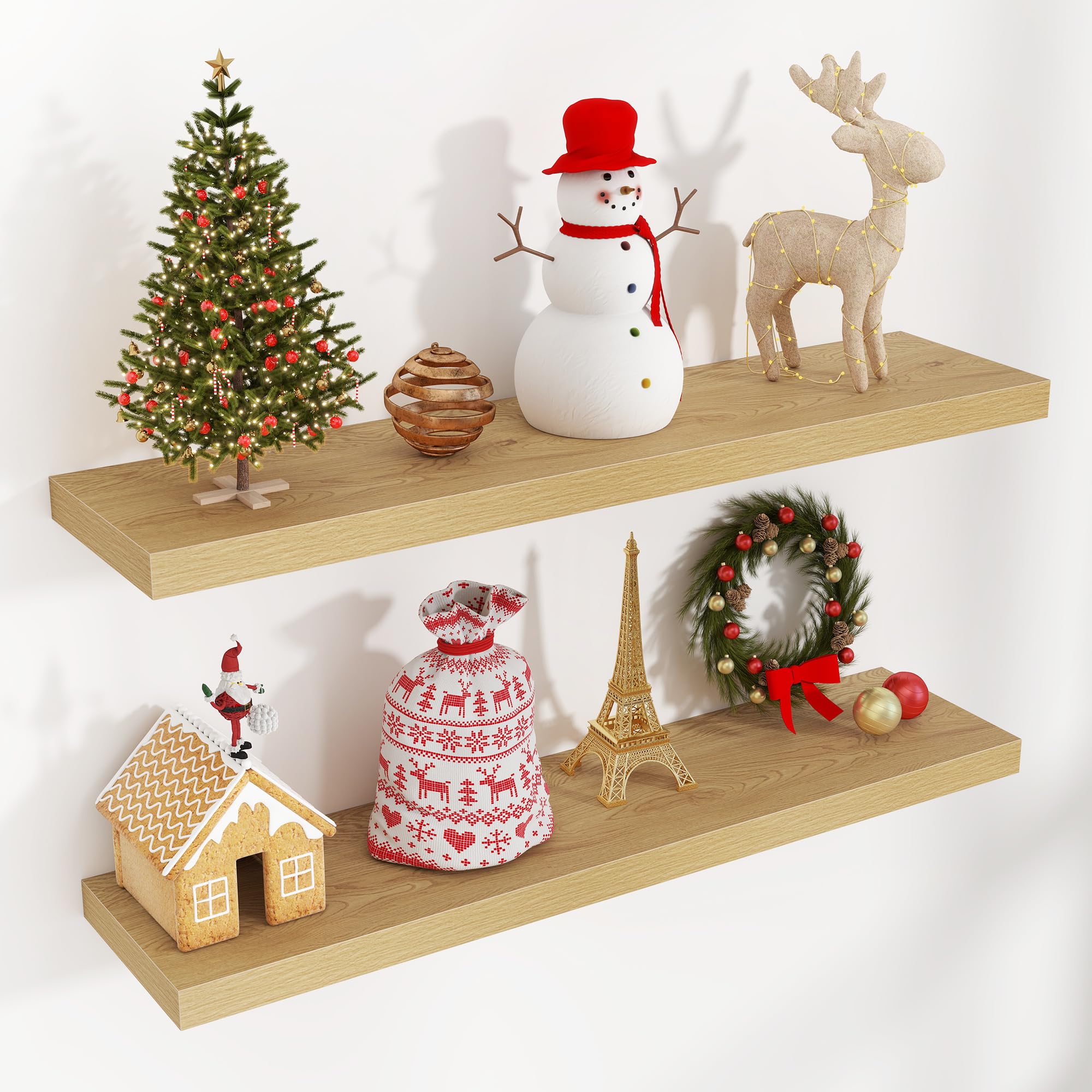 Floating Shelves for Wall 36"W x 7.8"D x 1.5"H, Engineered Wood Wall Shelves with Invisible Brackets for Living Room Bedroom Bathroom Office Kitchen Decor and Storage, Oak Finish, Set of 2