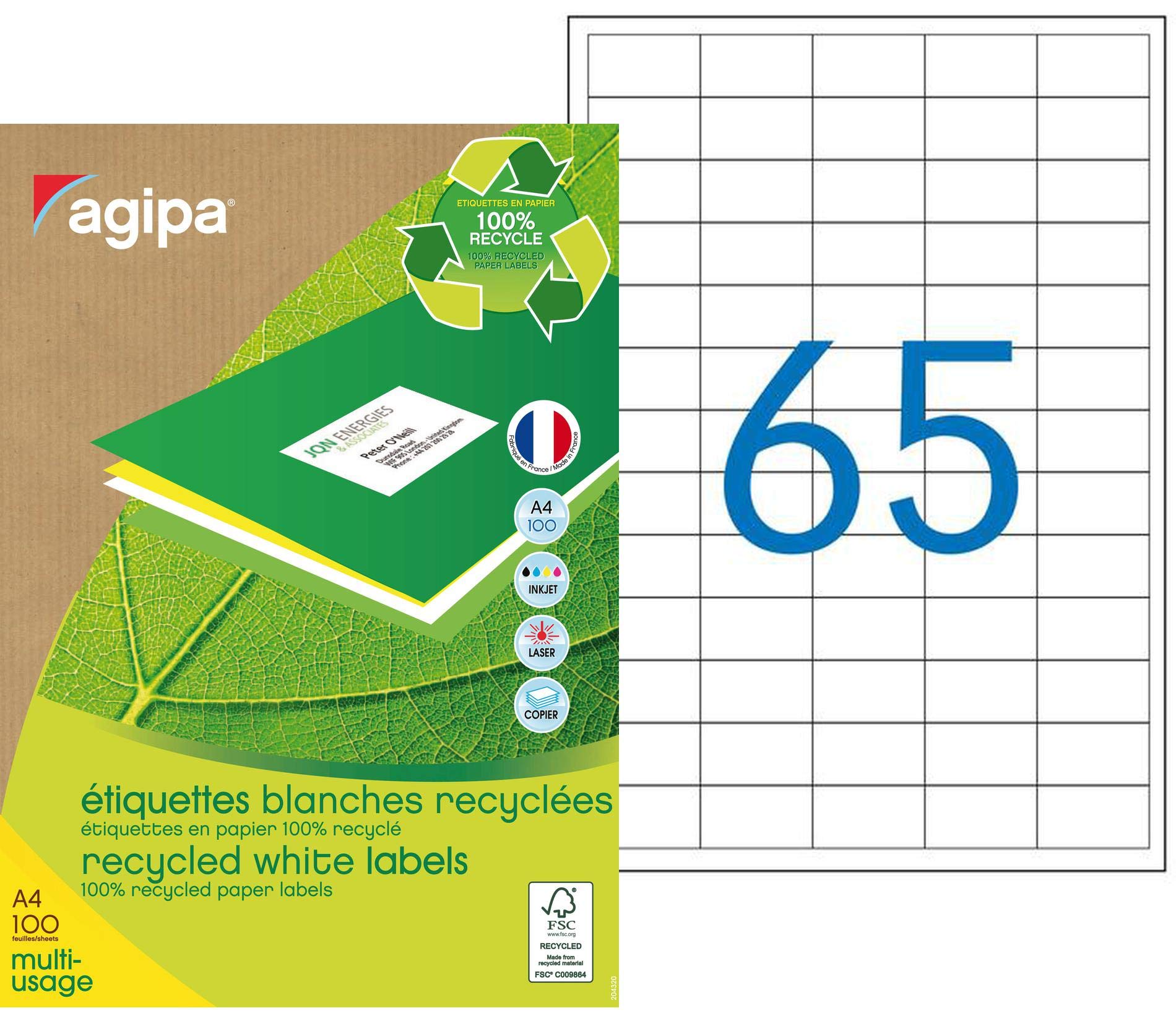 Apli 101185 Boîte de 6500 Etiquettes multi-usage recyclées A4 38 x 21,2 mm Blanc