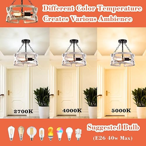 Miniatura 6 de DarkHome Lámpara de techo de montaje semirempotrado, lámpara de araña rústica vintage de madera negra mate de metal, 2 luces E26 para pasillo,