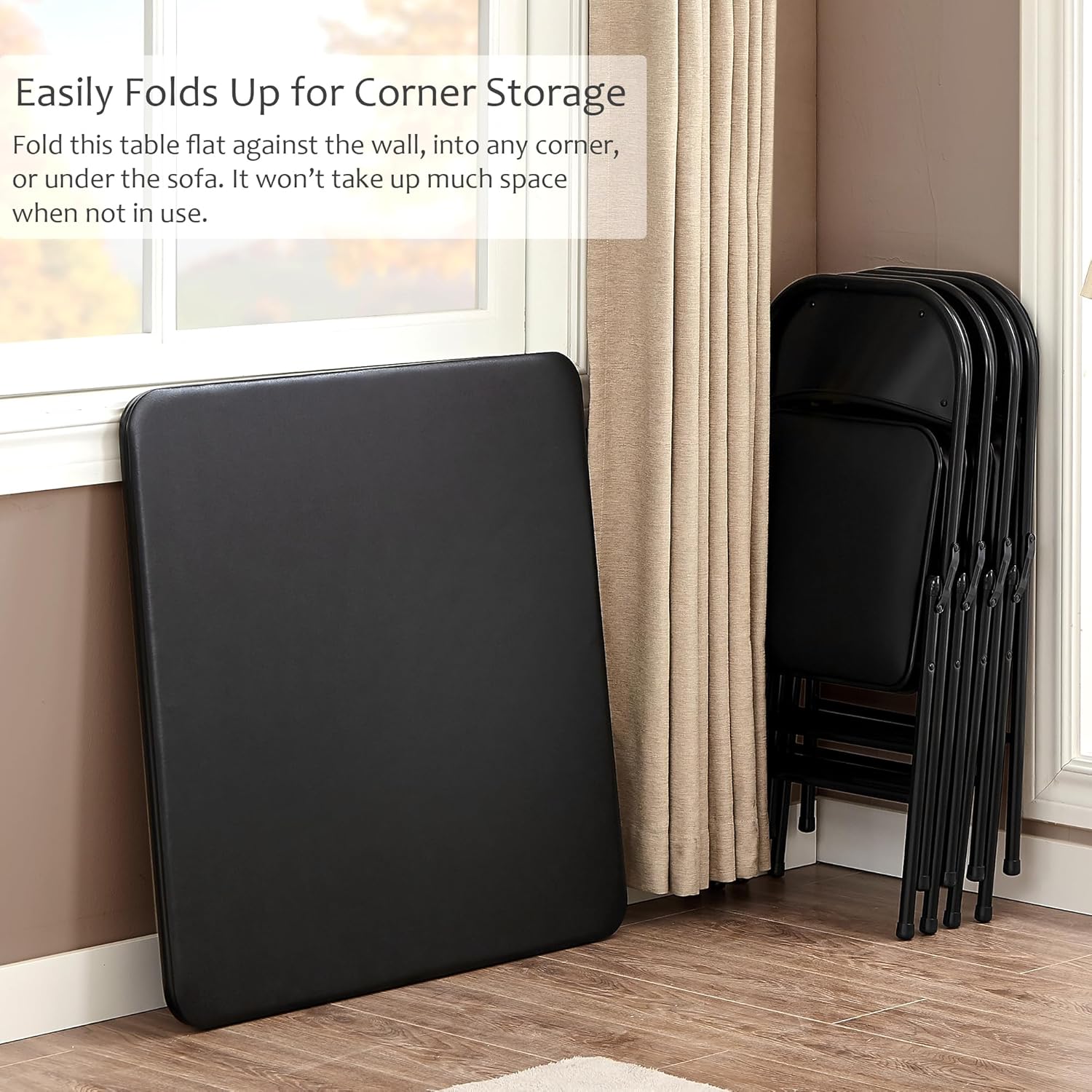 VECELO 34'' Folding Card Table with Black PU Padded Tabletop, Portable Multifunctional for Indoor/Outdoor, Home, Parties, Picnics, Games
