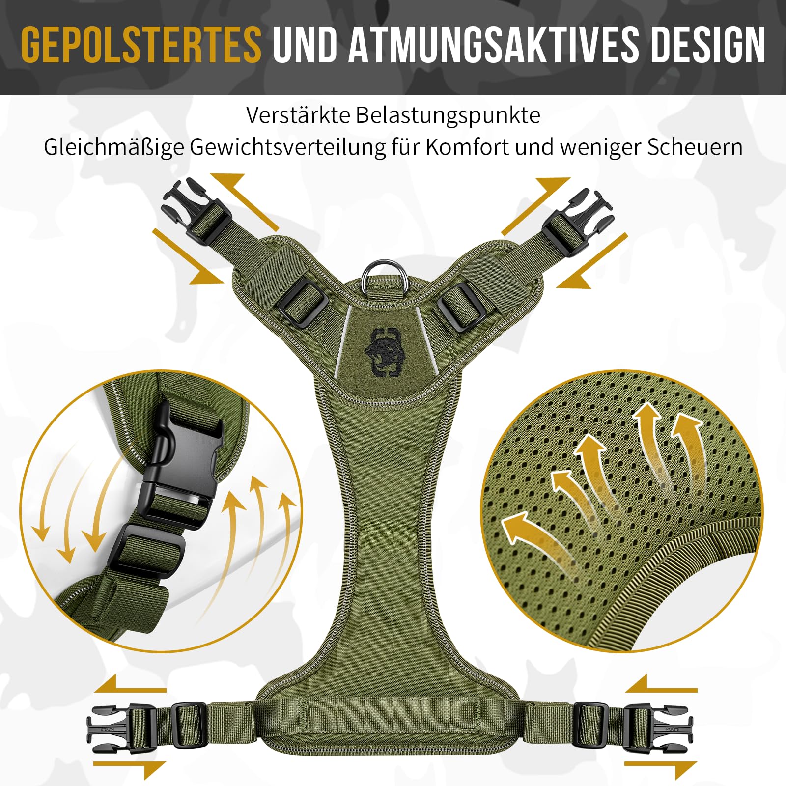 OneTigris Hundegeschirr Große Hunde, TACTILITE Taktisches Langlebig Anti Zug Geschirr, No Pull Verstellbar Brustgeschirr mit 4 D-Ringe, Reflexstreifen Grün XL
