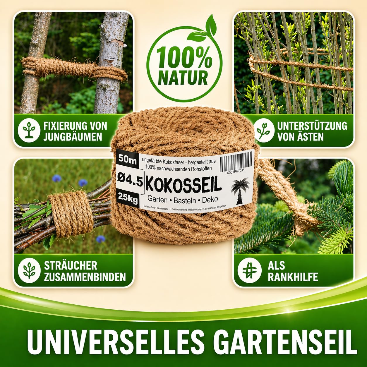 Corde en Fibre de Coco 4,5 mm x 50 m - Ficelle pour Jardinage, Bricolage et Décoration - Corde Arbre à Chat, Ficelle Jardin, Attache Tomate, Tuteur Arbre - Charge maxi : 25 kg