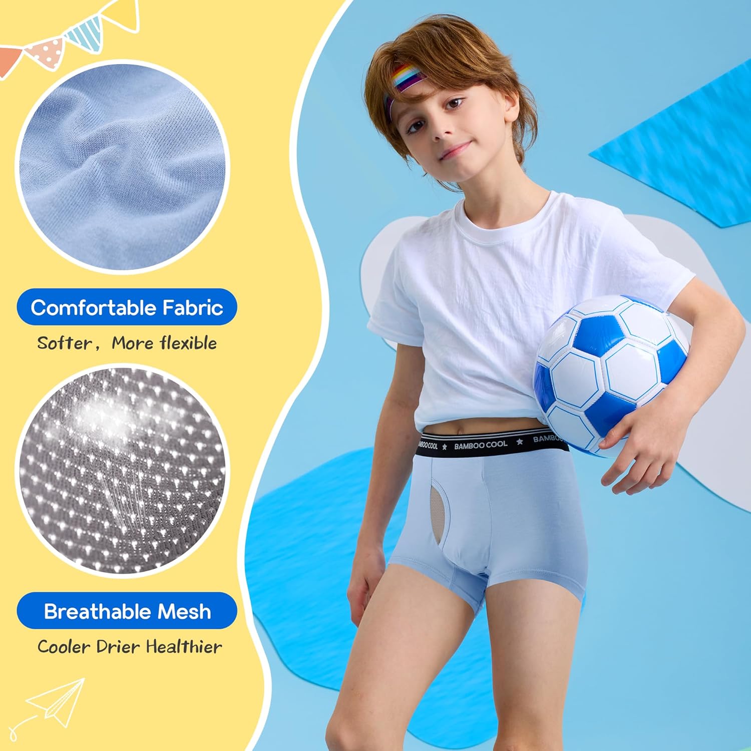 BAMBOO COOL Boy's Underwear Boxer Briefs for Boy Breathable Mesh Fly Zone Moisture-Wicking 6 Pack - Image 2