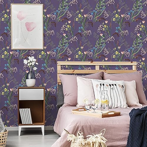 Miniatura 2 de VEELIKE Papel tapiz floral de flores silvestres secas, despegar y pegar para dormitorio, habitación de niñas, 17.7 x 354 pulgadas, autoadhesivo,