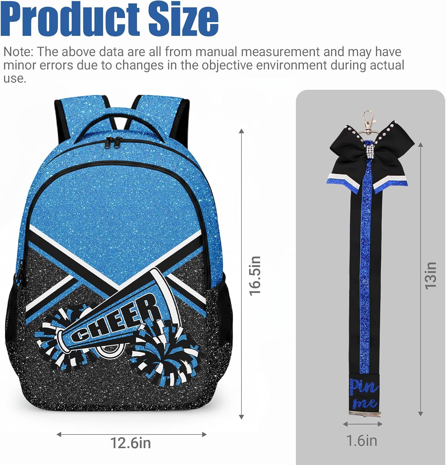 Cheer Backpack with Ribbon Keychain, Glitter Cheerleading Backpack for Women, Cheerleader Gifts (Blue) - Image 2