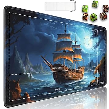 MTG Playmat with Zones, 24 x 14 in Smooth Surface Card Game Playmat for Magic The Gathering Playmat, TCG Playmat with Storage Bag and 6 Dice, Cartoon Ship MTG Mat Mouse Pad