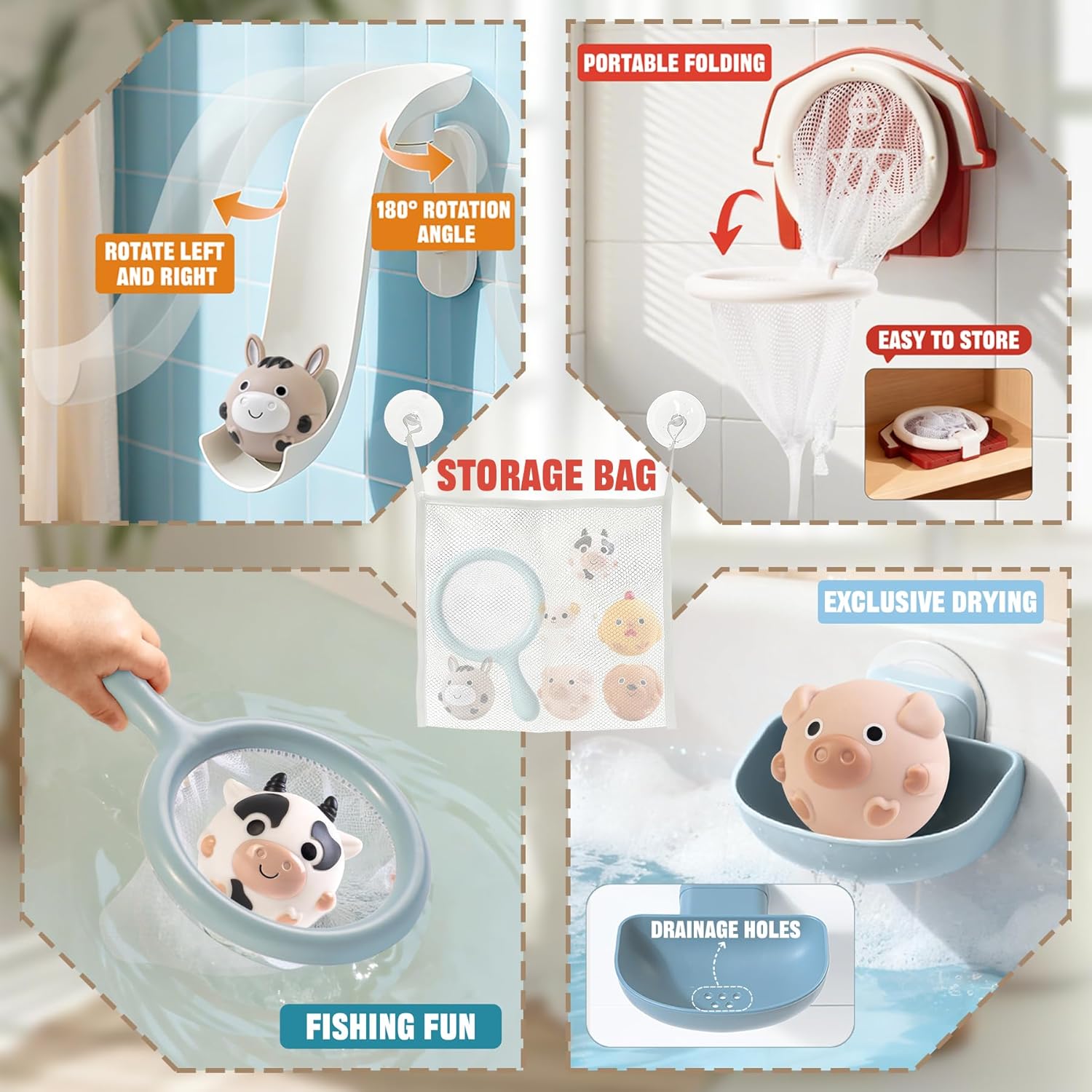 No-Hole Farm Bath Toys for Toddlers 1-3 | Slide, Basketball Hoop & 6 Animal Set | Easy to Clean & Dry Bathtub Play Gifts for Boys Girls