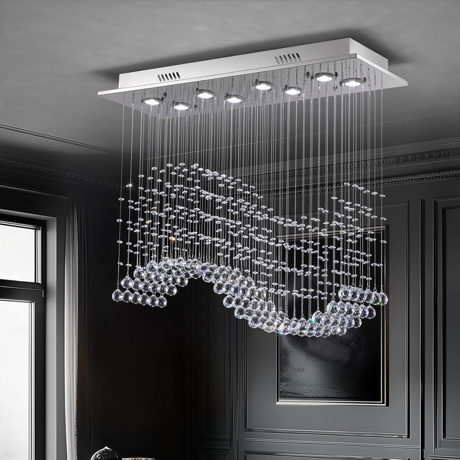 Rectangular Wave Raindrop Chandelier, Flush Mount Crystal Chandelier, Rectangle Pendant Ceiling Light Fixture for Dining Room,Kitchen Island, Living Room, L31.5×W11.8×H32.3