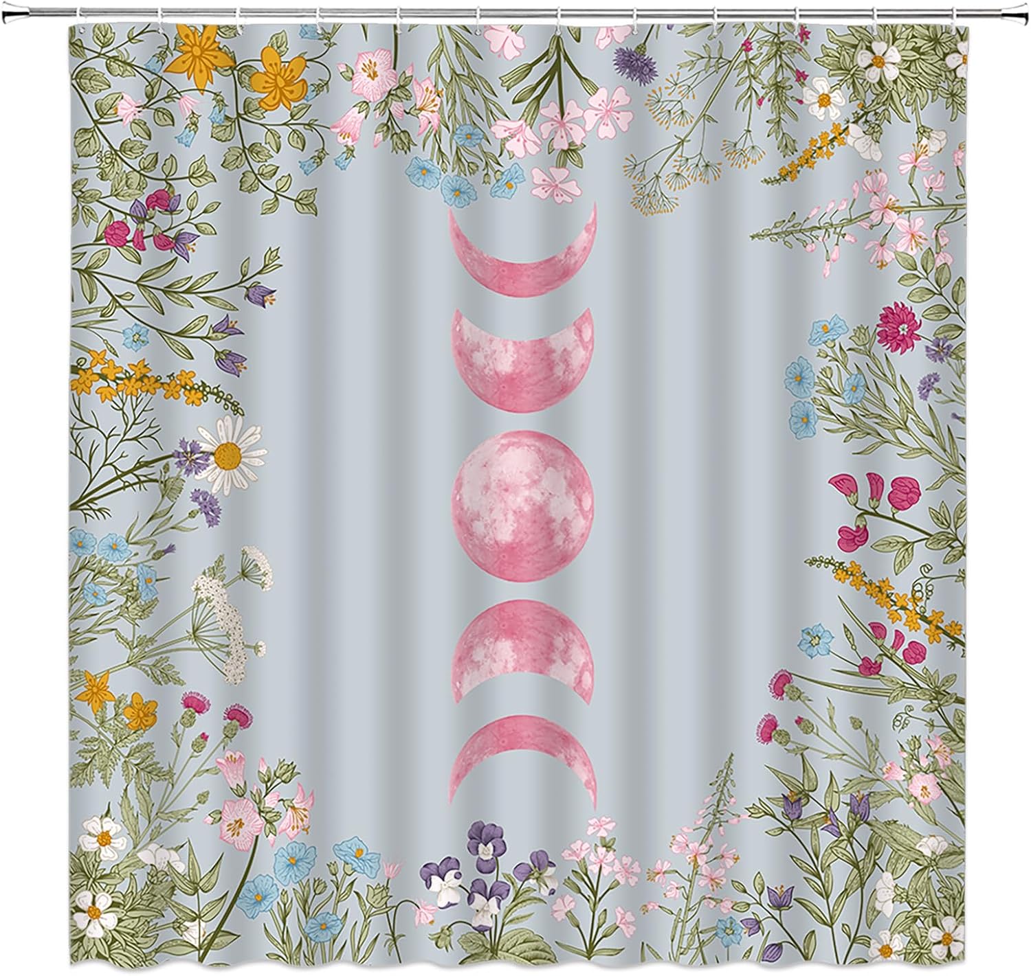 Moon Phase Shower Curtain Moonlit Garden Rustic Floral Wildflower Botanical Leaves Celestial Gothic Witchy Fabric Bathroom Decor Set with Hooks,(84" Wx70 H)