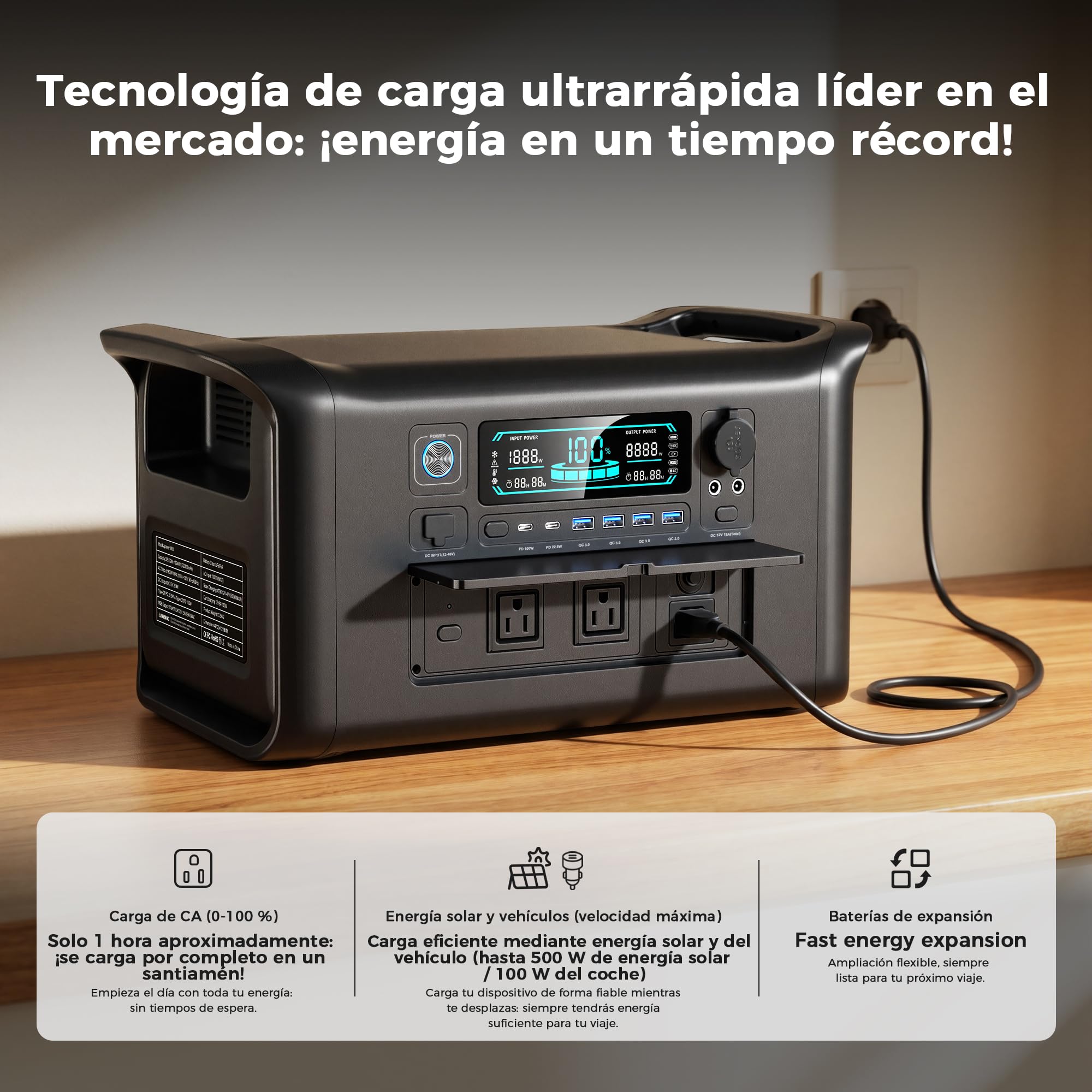 AP1000 Generador Solar Portatil 1800W Batería LiFePo4, Estación de energía portátil, Generador eléctrico para el hogar y camping, Batería LFP de 1024Wh para Camping Hogar Viajes Emergencias