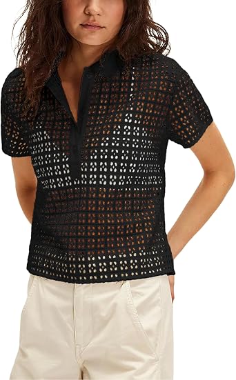 Faleave Womens Summer Casual Eyelet Short Sleeve Cotton Shirts Hollow Out Button Down Blouses Lightweight Beach Tops