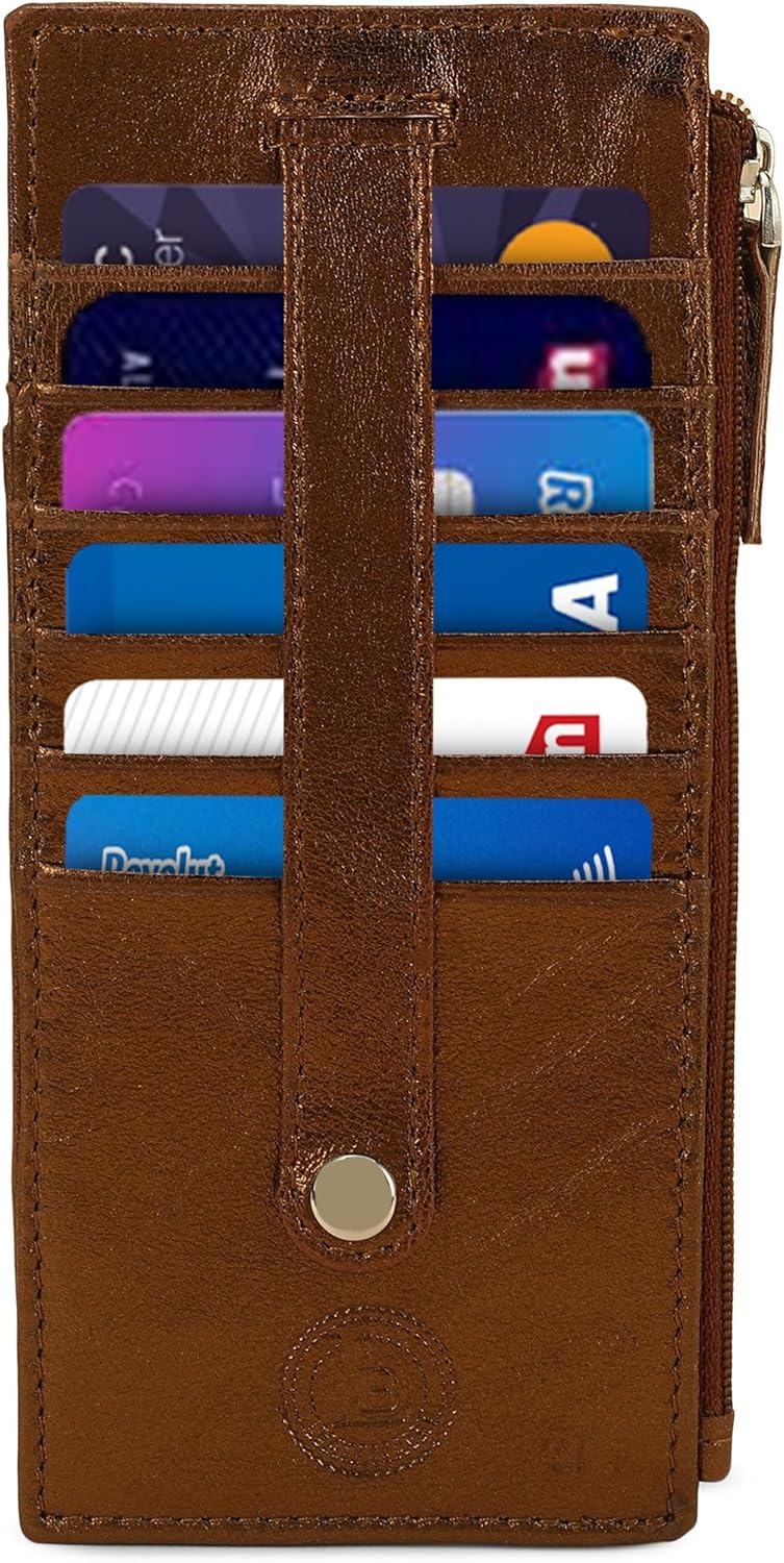 Leatherboss Genuine Leather Women's All in One Credit Business Card Case Holder Slim Zipper Wallet With a Card Protection Strap, Metallic Bronze - Image 2