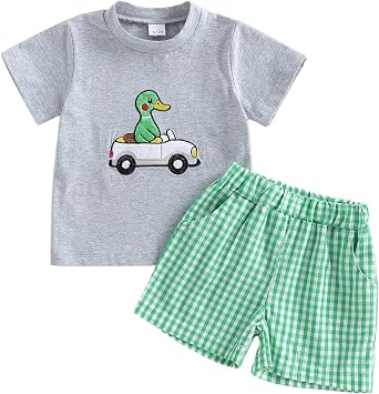 Tempura 2Pcs Toddler Boy Summer Outfits Short Sleeve Crew Neck Duck Embroidery Tops and Elastic Waist Shorts Set