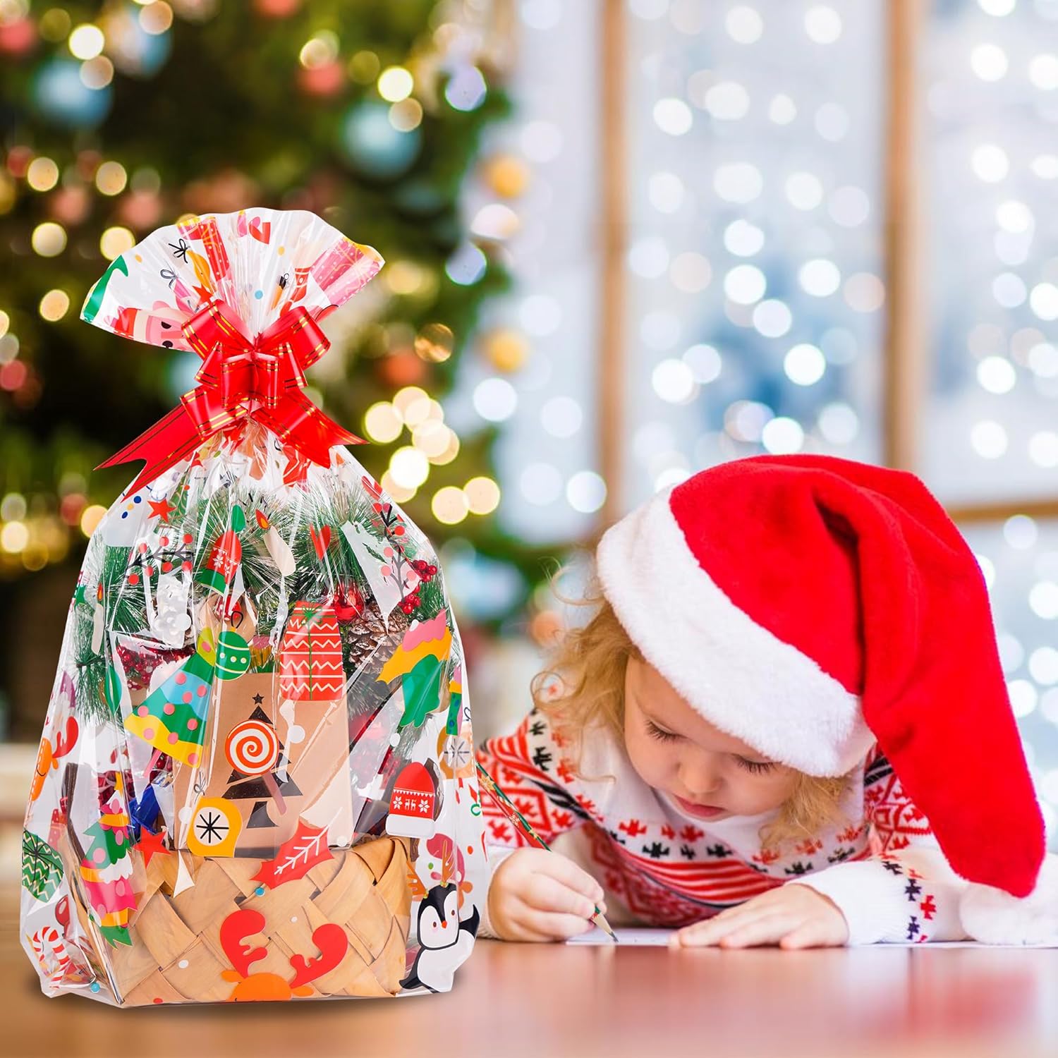 Kolewo4ever 20pcs Christmas Cellophane Basket Bags Snowman Santa Snowflake Wine Bottles Cellophane Wrap Set Include 10 Christmas Basket Bags with 10 Pull Bows (16 x 24 inches) - Image 7