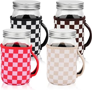 KJQJLY 4 Pcs Mason Jars Sleeves Neoprene 32oz Regular and Wide Mouth Mason Jar Sleeves Holder with Handle (Checkered, 32 OZ)