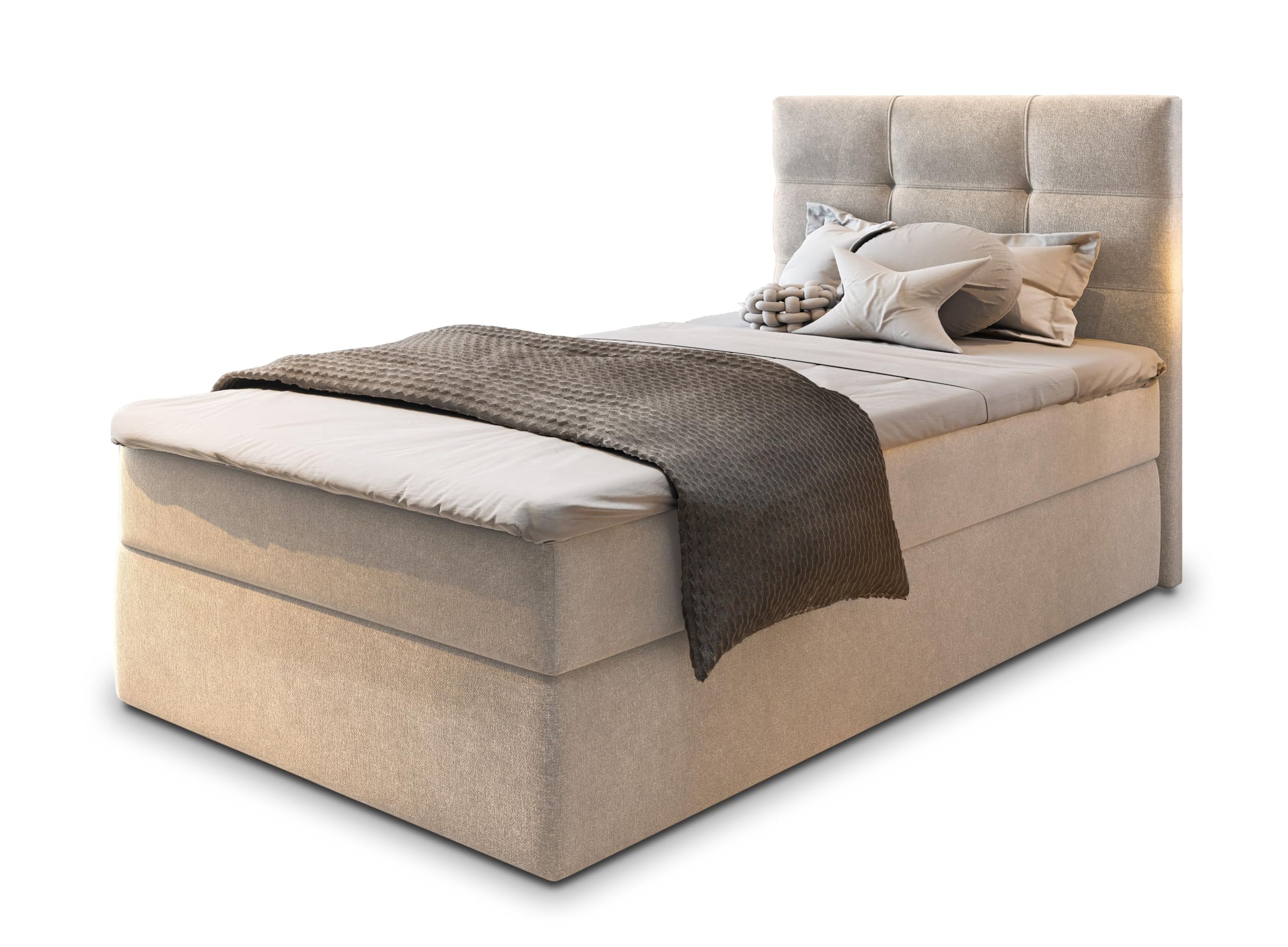 Masseno Boxspringbett GLOS 100 100x200 cm Komplett-Set mit Matratze und Topper, Polsterbett mit Zwei Bettkästen - Beige, Cosmic 10