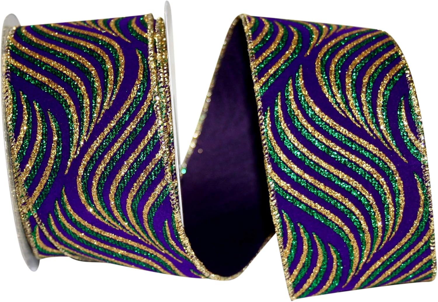 Reliant Ribbon Mardi Gras Swirl Steve Wired Edge Ribbon, 2-1/2 Inch X 10 Yards, Purple
