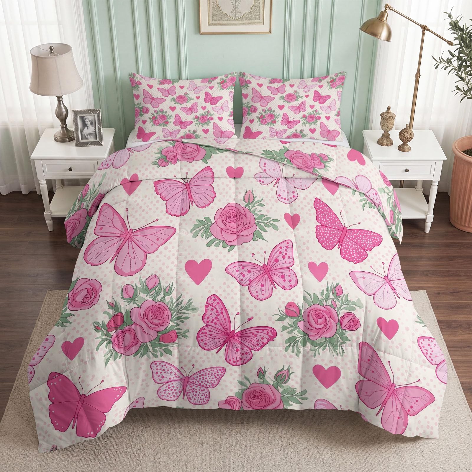 Edredón sin funda de 135 x 200 cm para las 4 estaciones, para niñas, con diseño de mariposas, insectos, corazón, reversible, lavable, para todo el año, romántico, estilo princesas, cuatro estaciones