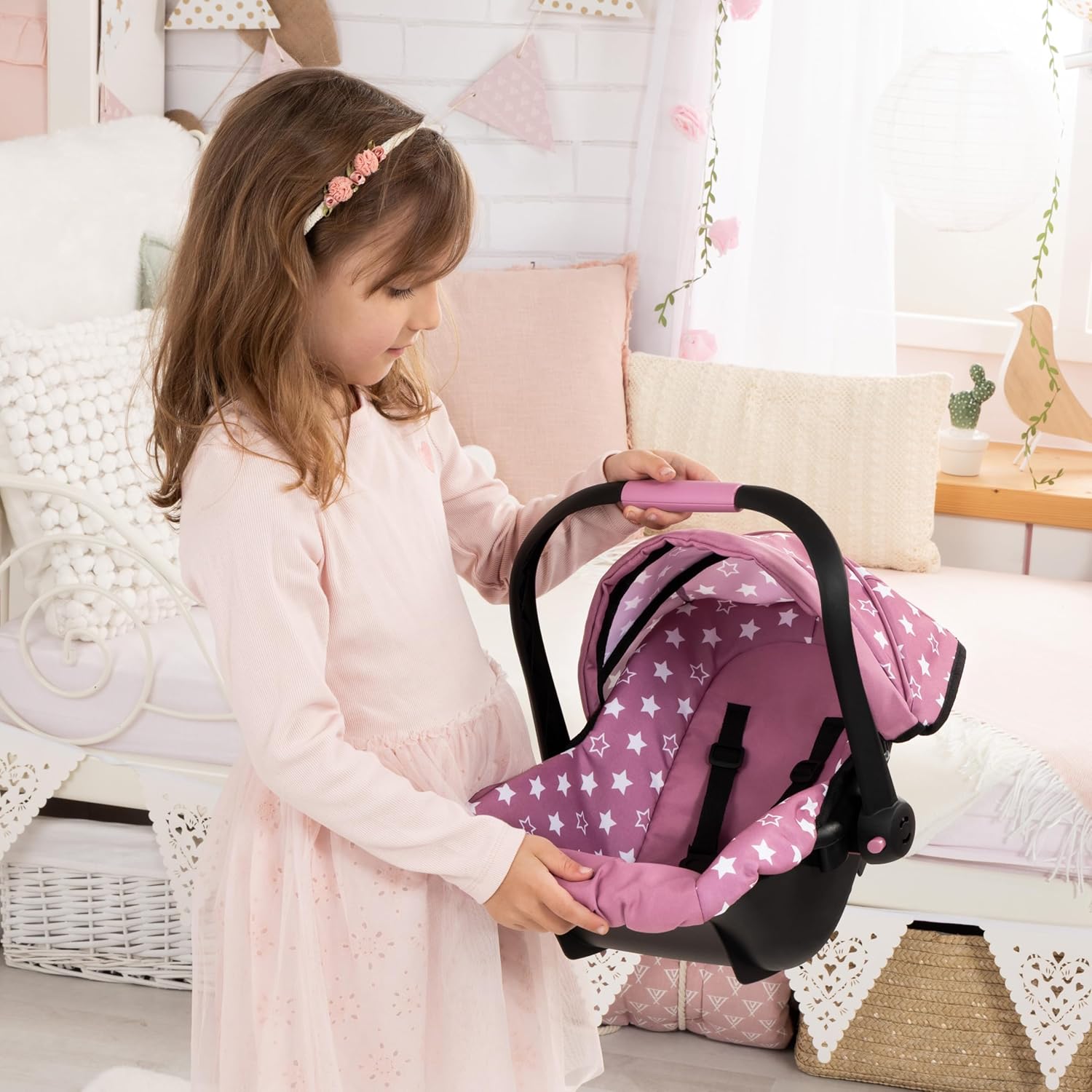Bayer Design Deluxe Doll Car Seat with Sun Canopy, Portable Travel Carrier for 18 inch Dolls, Rocker, Carry Handle