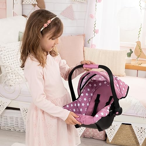 Miniatura 6 de Bayer Diseño Asiento de coche de lujo para muñeca - Estrellas rosas y blancas - Portabebés de viaje portátil para muñecas de hasta 18 ", parasol y