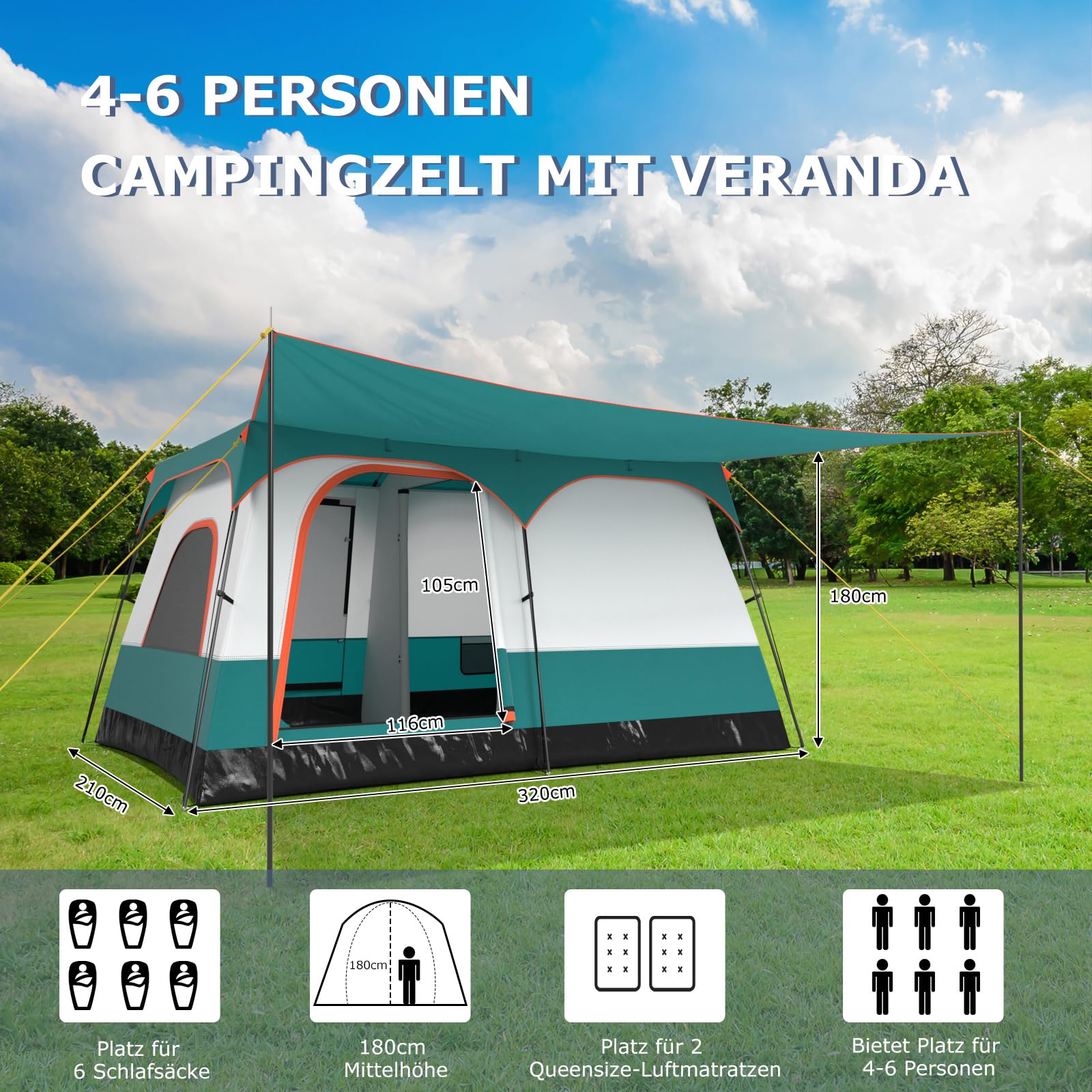 FANTASK Zelt groß mit Vorzelt & Boden, 4-6 Personen Campingzelt, 2 Räumen & 2 Eingänge, Tunnelzelt inkl. abnehmbarem Dach & Tragetasche, Grün