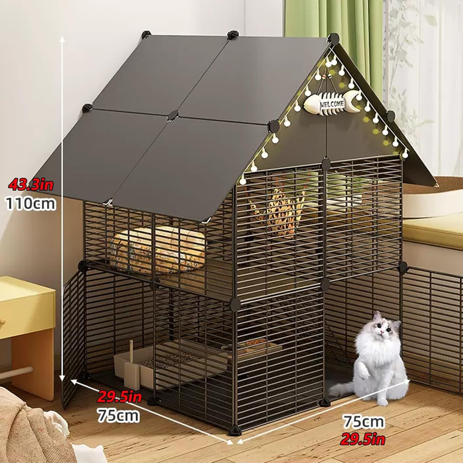 2/3-Tier Collapsible with Ladders, DIY Cat Enclosures, Pet Playpen Indoor, Detachable Metal Wire Small Animal Cages, Exercise Place Ideal for 1-3 Cat(Gray C,30x30x43in/75x75x110cm