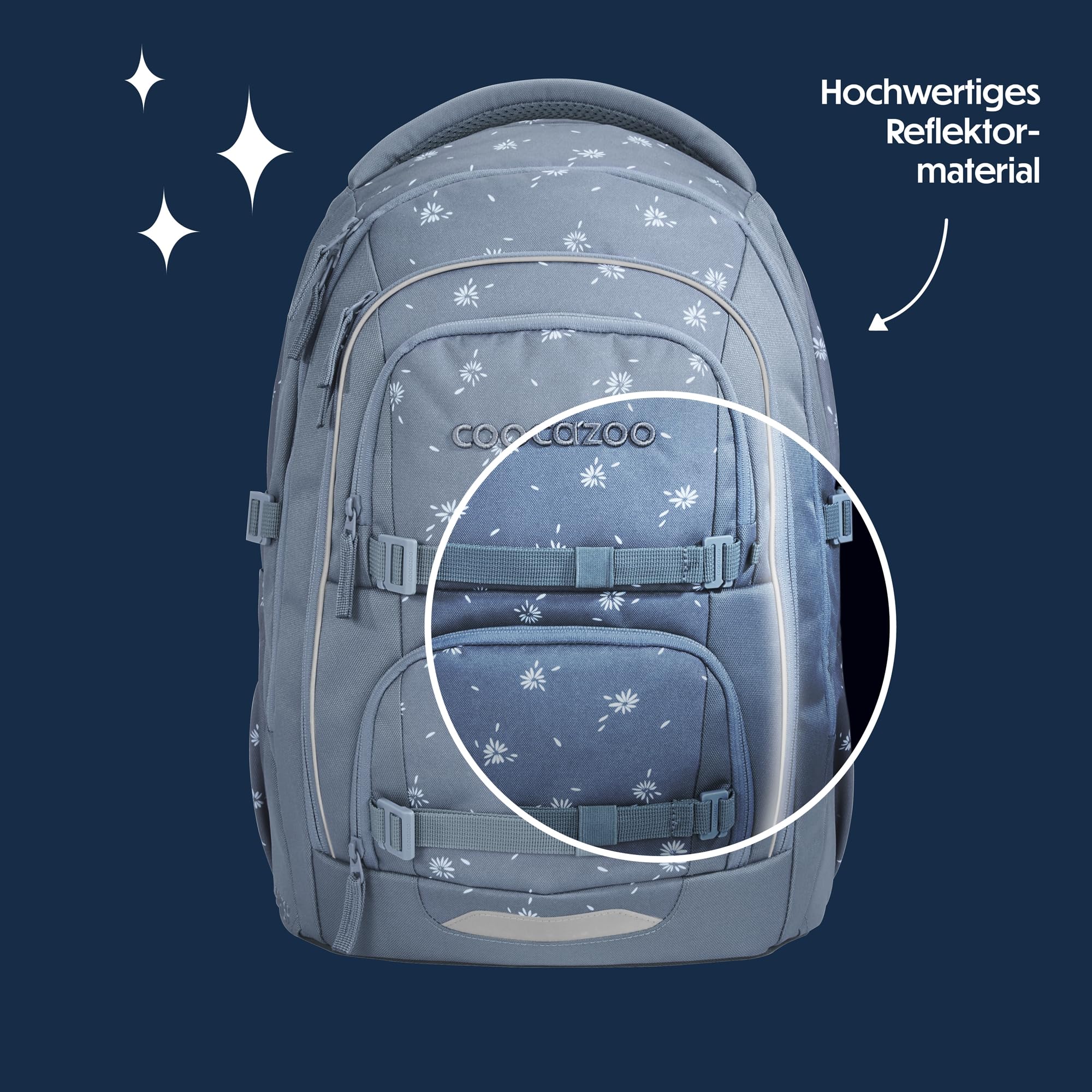 Coocazoo PORTER Schulrucksack „Bloomy Daisy”, hellgrau, ergonomischer & anpassbarer Tornister, höhen- & größenverstellbar, mit Brustgurt & Hüftgurt, ab der 3. Klasse