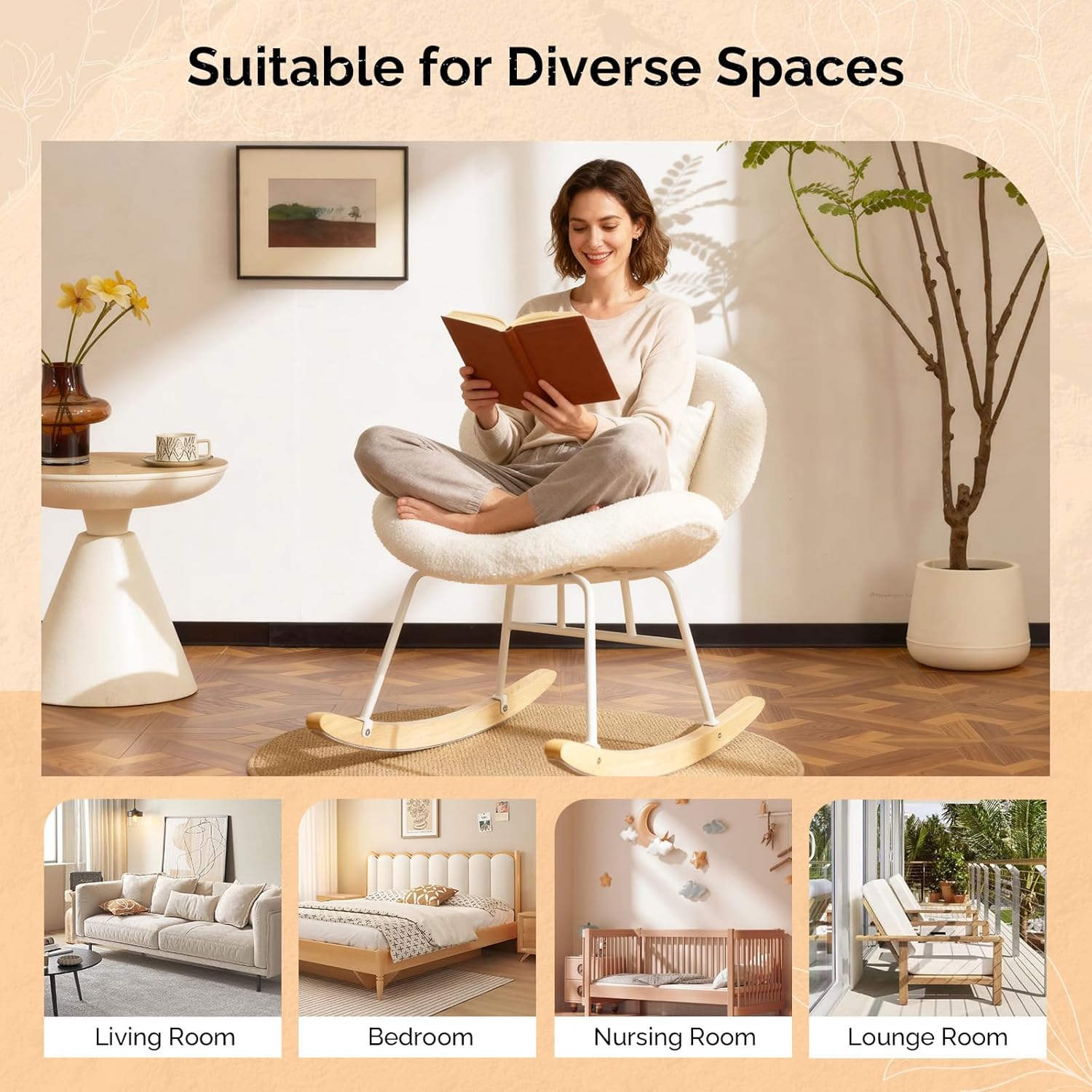 VINGLI 25.6" Extra Wide Criss Cross Nursery Rocking Chair,Cute Curved 115° Reclining Armless Glider,Teddy Small Rocker w/Pillow & Solid Wood for Indoor,Bedroom, Living Room,Teddy Fleece,White