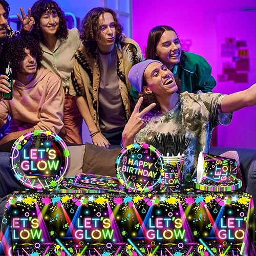 Miniatura 6 de Suministros para fiestas de neón, 142 piezas de decoraciones de fiesta que brillan incluyendo platos de papel desechables, tazas, manteles,