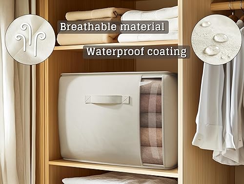 Miniatura 2 de Bolsas grandes de lona para almacenamiento de ropa con asas gruesas y ventana transparente, organizador plegable de lino de algodón para ropa,