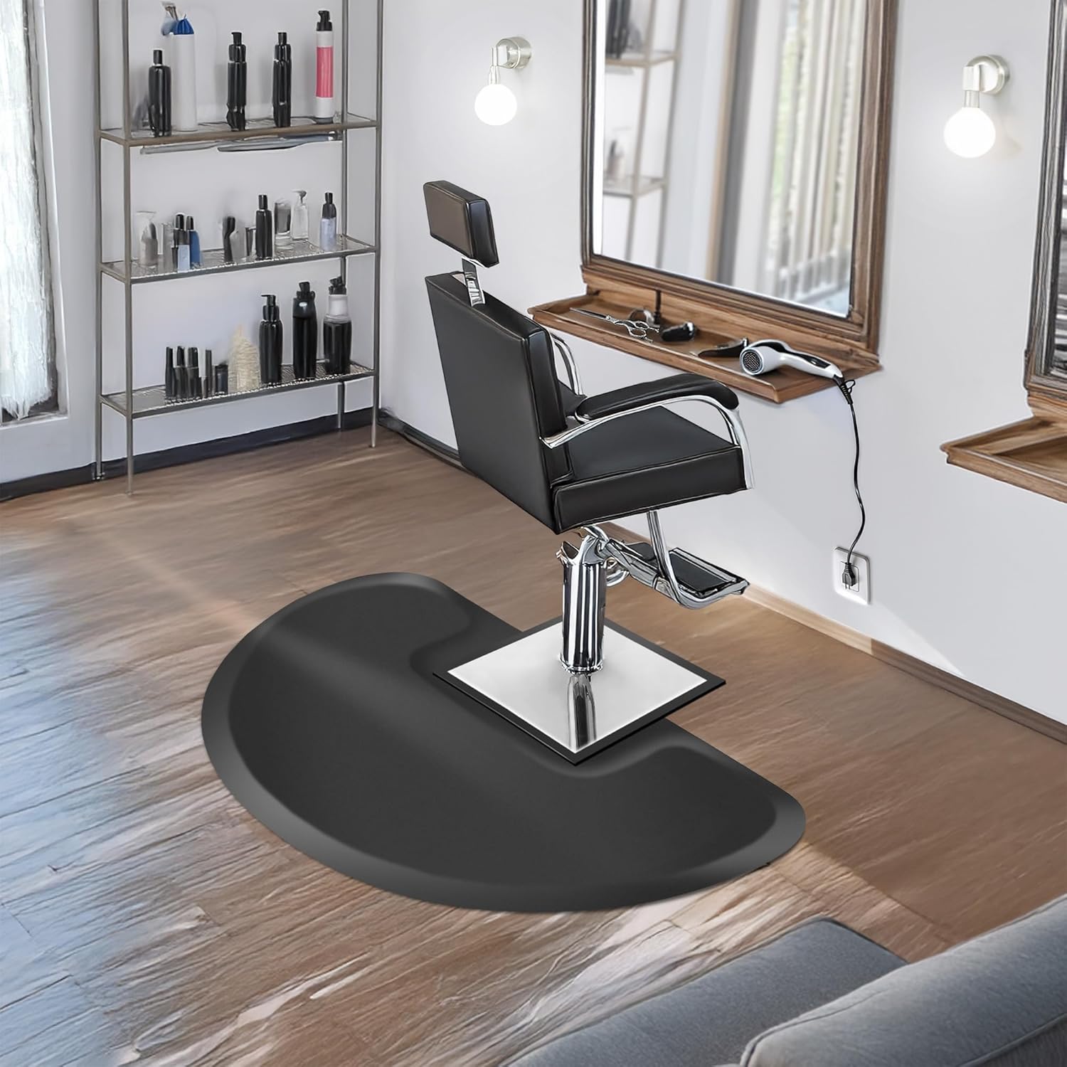Saloniture 3 ft. x 5 ft. Barber & Salon Floor Mat for Square Chair Base - 1/2 in. Thick Black Semi-Circle Anti-Fatigue Stylist Station Mat