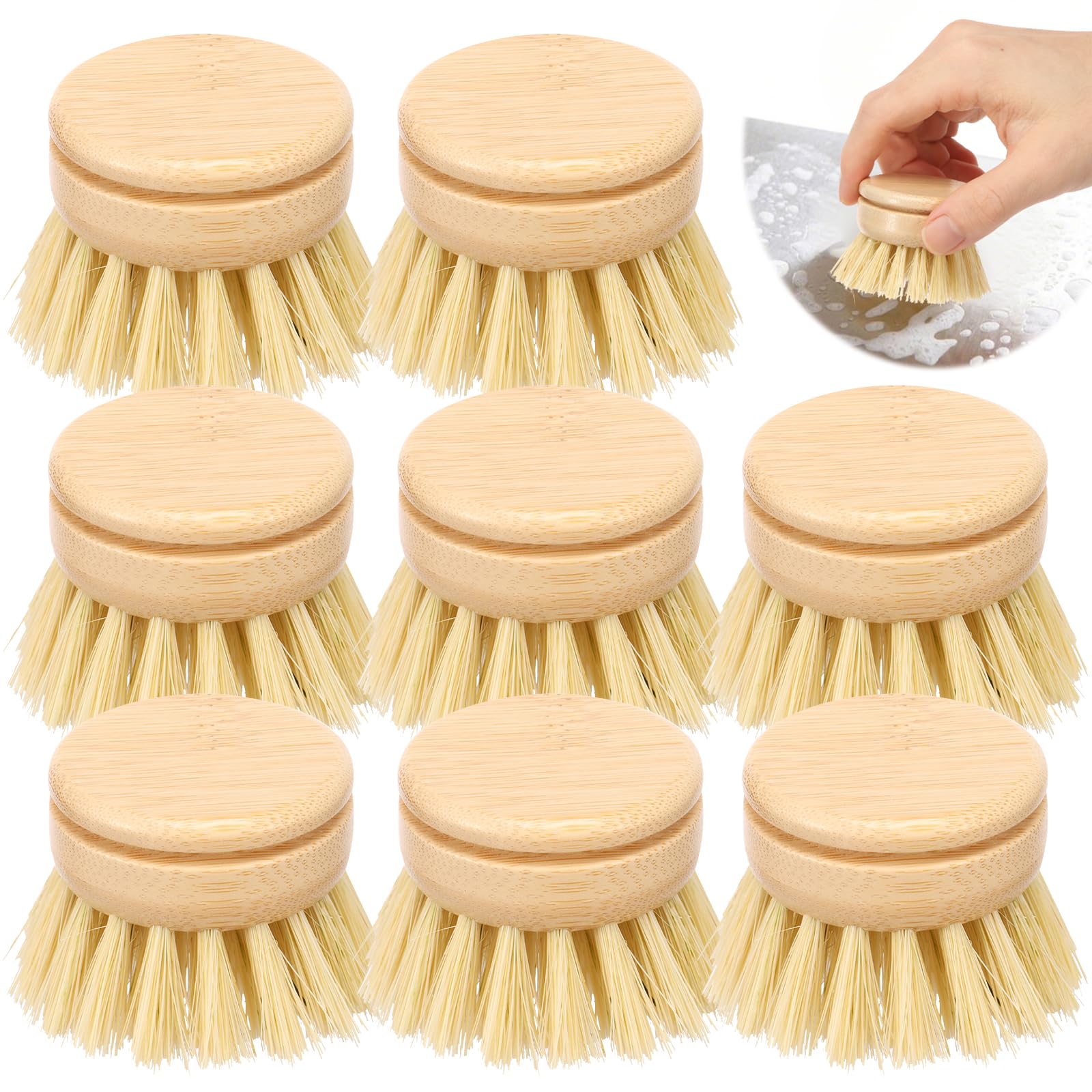 8Pcs Bamboo Dish Brush Replacement Heads, Sisal Bristle Refills, Agave Cactus Fibres, Kitchen Eco Scrubber Washing Up Brush Heads Bristle Brushes Refills Wooden Dish Brushes for Cleaning