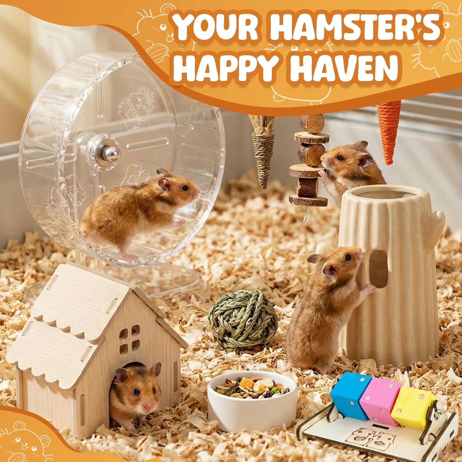 12-in-1 Hamster Cage Accessories Kit for Dwarf & Syrian Hamsters, Silent Exercise Wheel 9.5", Wooden Hideout, Water Bottle, Ceramic Food Bowl, Chew Toys & Small Animal Habitat Starter Set