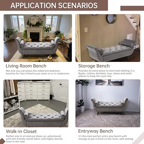 Miniatura 6 de Banco de almacenamiento para dormitorio, banco de pie de cama, tamaño King, largo y moderno tapizado de terciopelo, bancos otomanos con brazo para