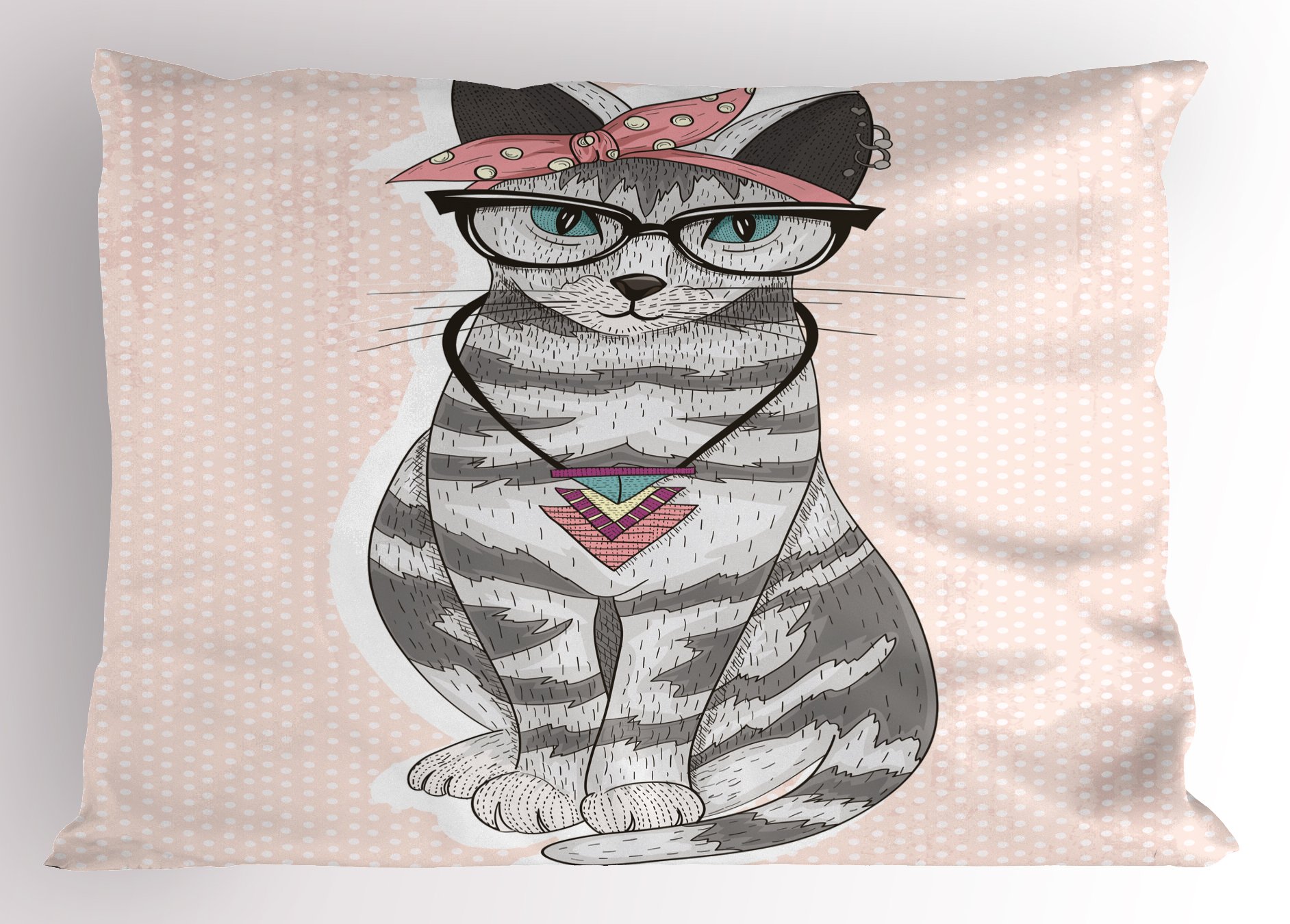 Ambesonne Cat Pillow Sham, Pop Art Vibes Kitty Illustration with Glasses on Blushy Tone Polka Dotted Backdrop, Decorative Standard Size Printed Pillowcase, 30