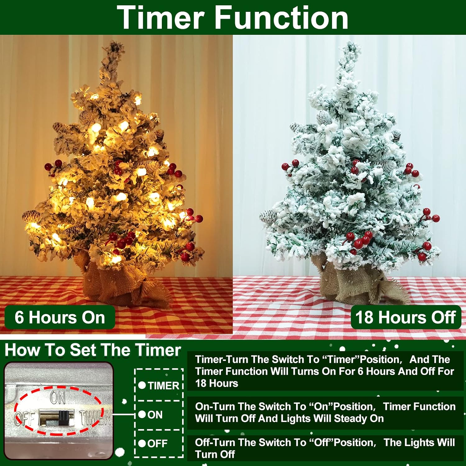 [ Super Thick & Snow Flocked ] 1 Pack 2Ft Prelit Christmas Tree Tabletop Decorations 50 Lights Timer Battery Operated Artificial Xmas Tree with Pine Cones Red Berry Christmas Decor Home Indoor