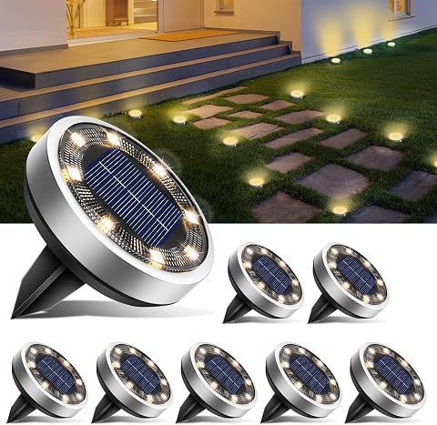 btfarm 8 Piezas Luces Solares LED Exterior Jardin Suelo, 8 LED Luces Solar | Luz Solar Exterior Jardin, IP65 Impermeable Lamparas Solares Suelo Camino, Césped, Patio, Terraza (Blanco Cálido)