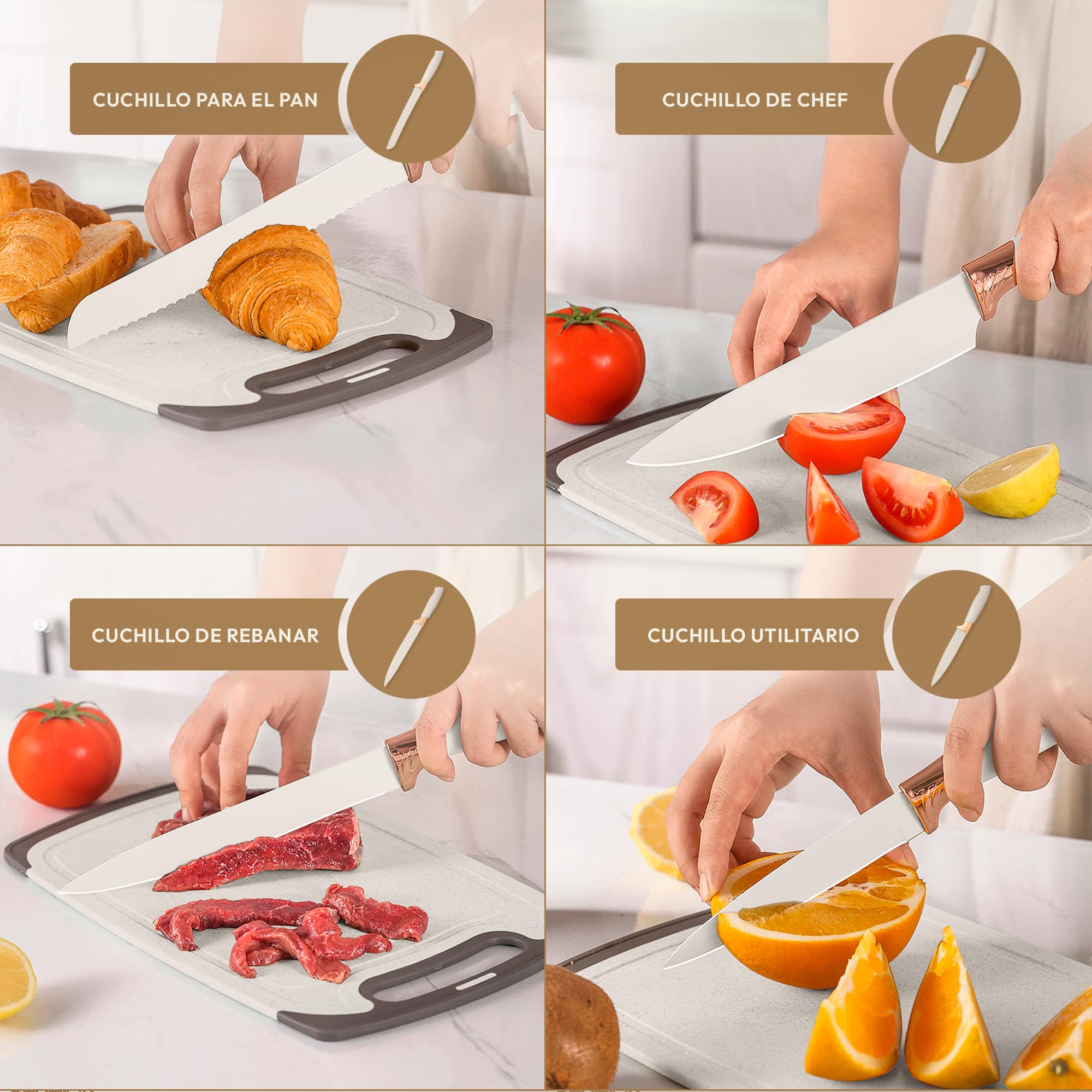 JUPPLIES Juego de Utensilios de Cocina de Silicona 19 Piezas con Cuchillos, Tijeras y Tabla de Cortar – Set Antiadherente Resistente al Calor – Apto para Todas Las Ollas y Sartenes - Beige — view 6