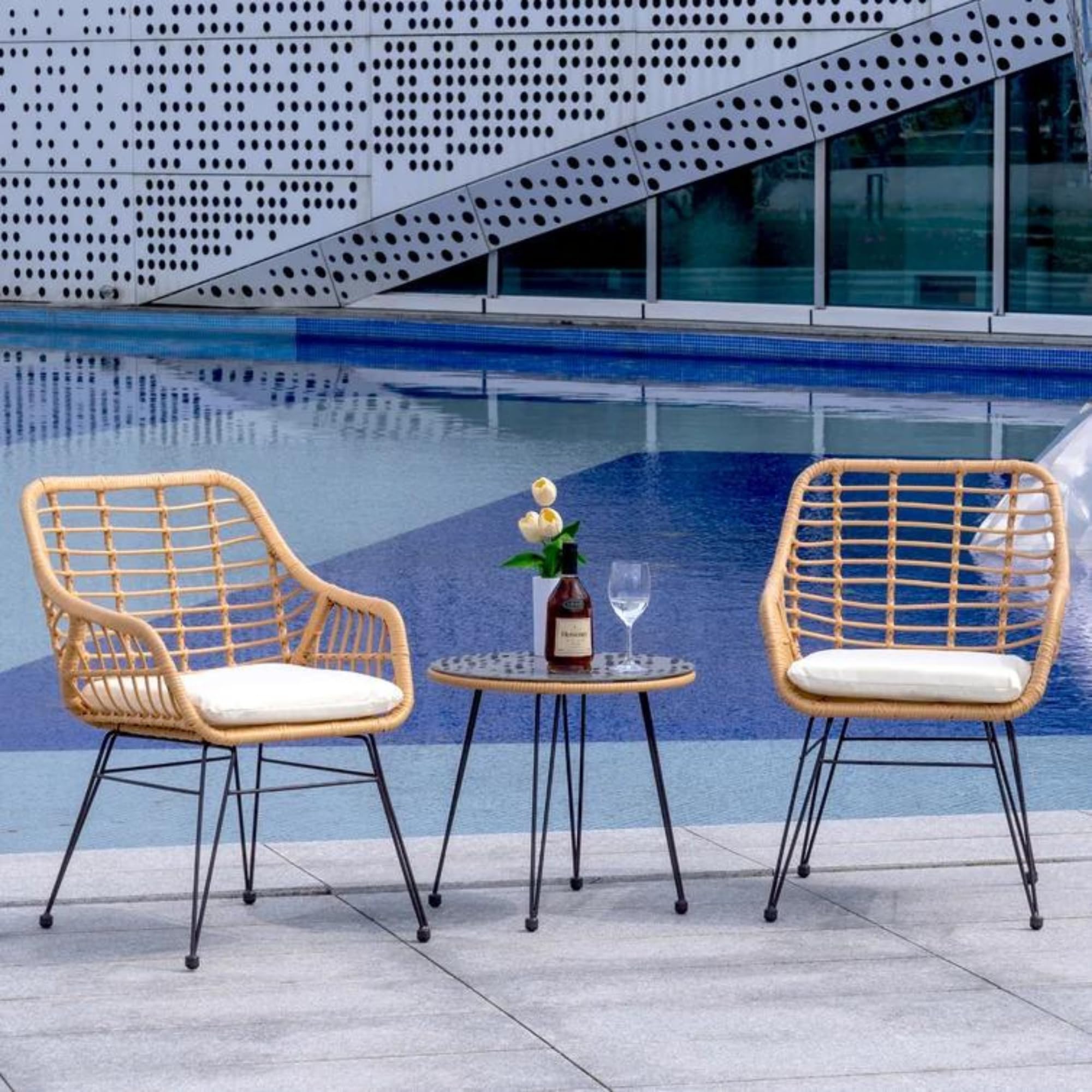 Wooden Twist Modern Bistro Design Rattan & Steel Outdoor Dining Table Set with Cushions for Café, Restaurant, Patio, Garden Comes with Plush Cushions for Added Comfort