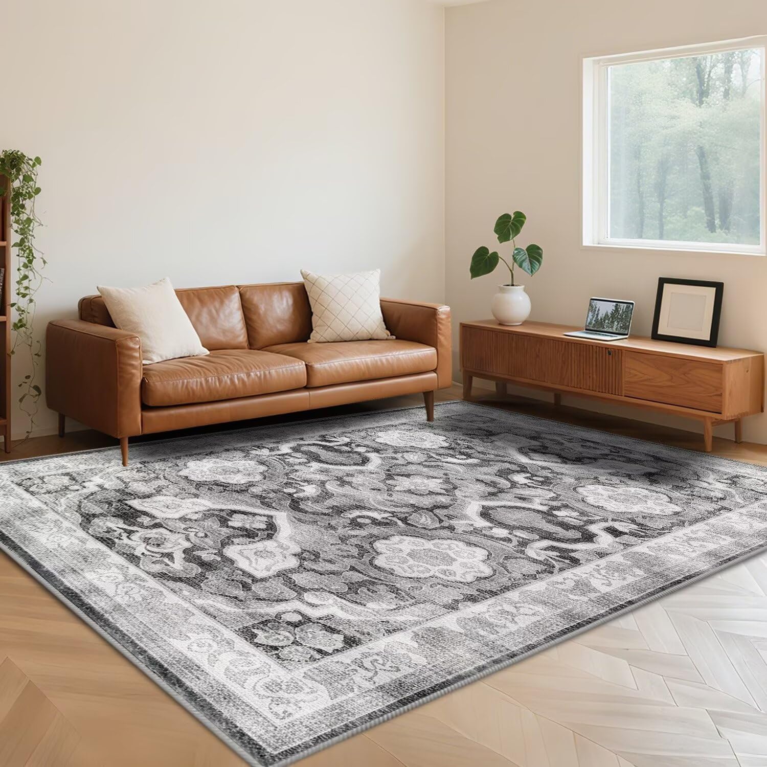 Tapis à poils bas anti-tache lavable 160x200 pour salle à manger
