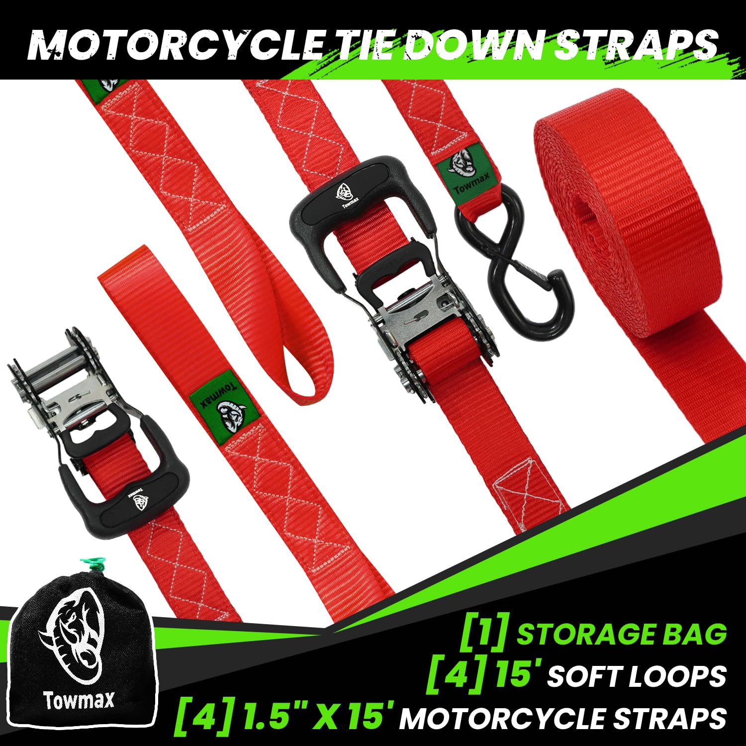Ratschengurte, strapazierfähig, 4 Stück, 3,8 cm x 4,5 m (2,4 kg Bruchfestigkeit), Motorrad-Spanngurte, 1,5 x verdickte, verschleißfeste Ratschen-Spanngurte, Set für Powersport, Motorrad oder