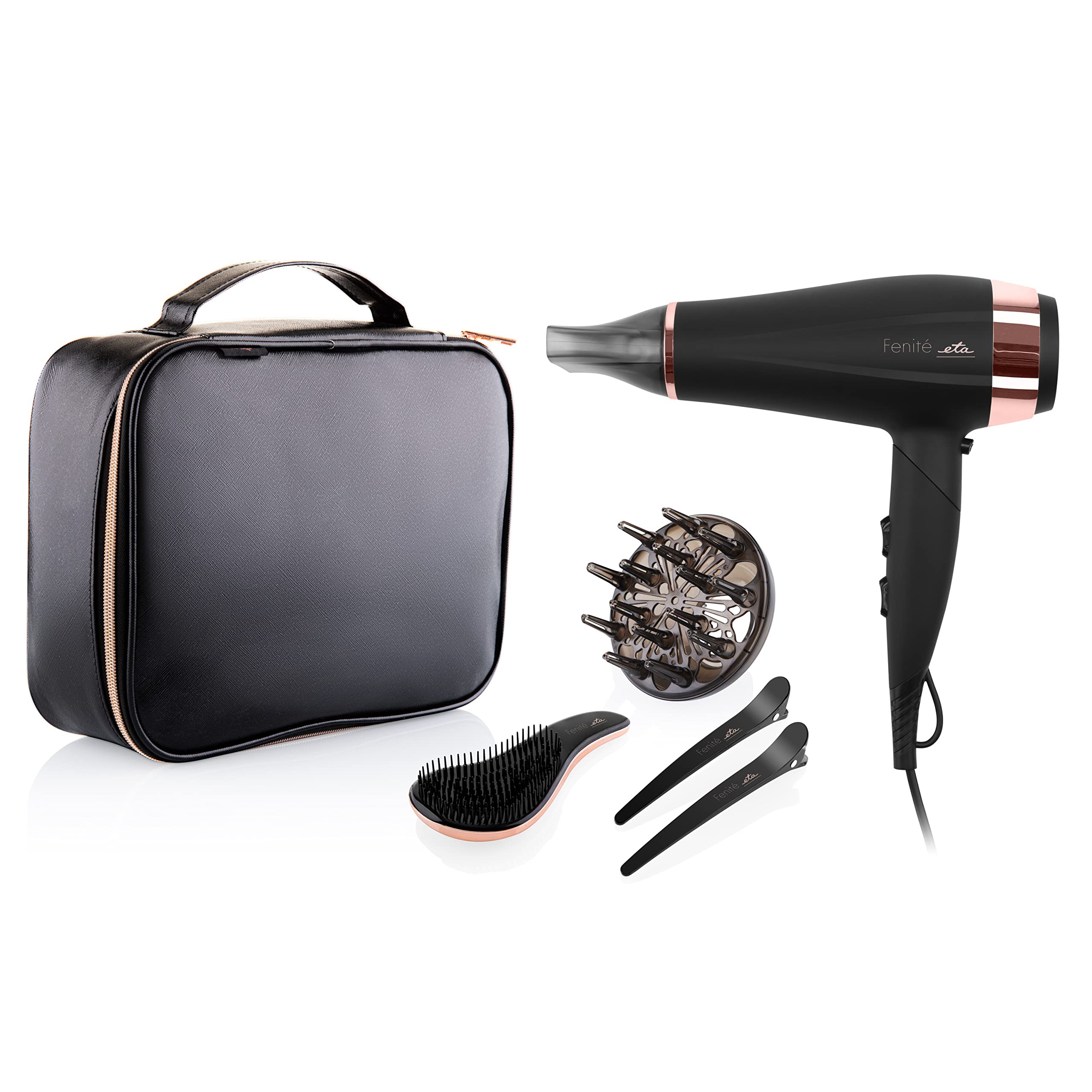 ETA Haartrockner Fenite I Black Edition I Klappbar I 2200 W I Ion-Funktion I Kaltstufe I Sehr leicht I Diffusor I Reisetasche I 3 Temperatureinstellungen I 2 Geschwindigkeiten I Reisehaartrockner