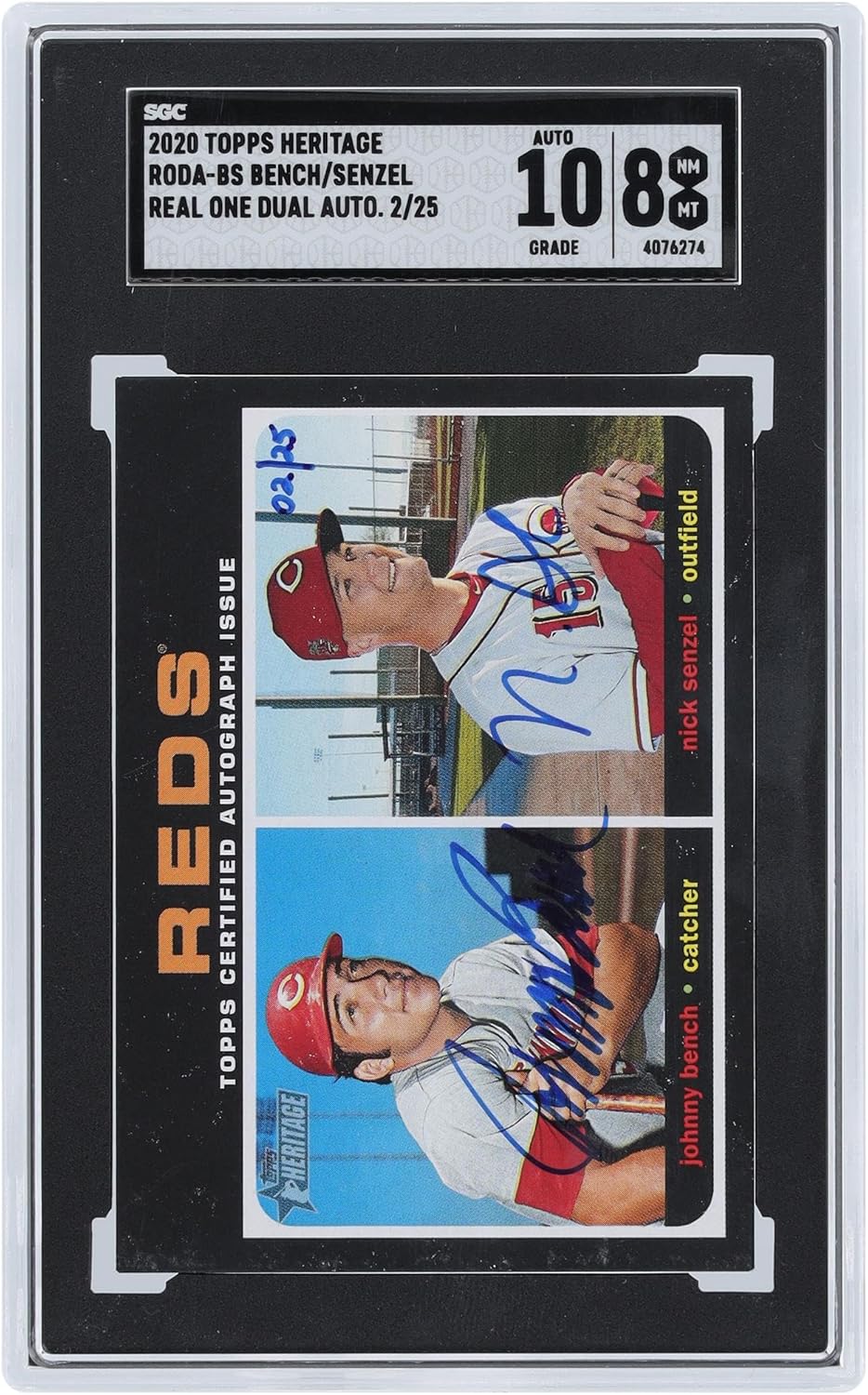 Johnny Bench and Nick Senzel Cincinnati s Autographed 2020 Topps Heritage Real One Dual #RODA-BS #2/25 SGC Authenticated 8/10 Card - Baseball Slabbed Autographed Cards